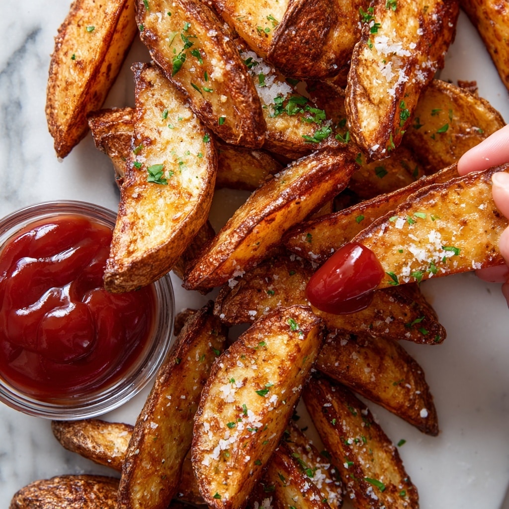 The image shows thick potato wedges with a crispy golden-brown skin and a soft inside, sprinkled with green herbs. One wedge is dipped into a small metal cup filled with red ketchup. The wedges are placed on a white marbled surface, arranged in scattered layers with some wedges stacked slightly. The texture of the wedges looks crunchy outside and tender inside, with bits of seasoning visible on top. A woman's hand is holding the wedge dipped in ketchup. Photo taken with an iphone --ar 4:5 --v 7