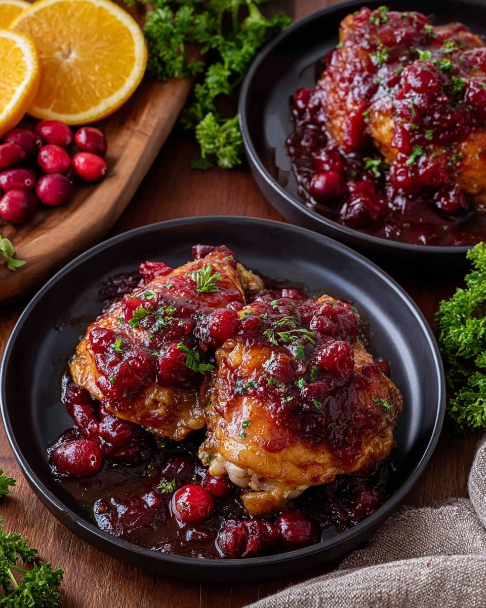 The image shows two black plates, each containing two pieces of golden brown cooked chicken thighs covered with a thick, glossy dark red cranberry sauce that has whole cranberries and small bits of fruit, with small green parsley pieces sprinkled on top. The plates are placed on a wooden table, surrounded by fresh parsley, whole cranberries, and a couple of orange wedges on a wooden board. The texture of the chicken looks crispy on the edges, with the sauce thick and somewhat sticky, pooling slightly around the chicken. A beige cloth is partially visible at the bottom right corner. photo taken with an iphone --ar 4:5 --v 7