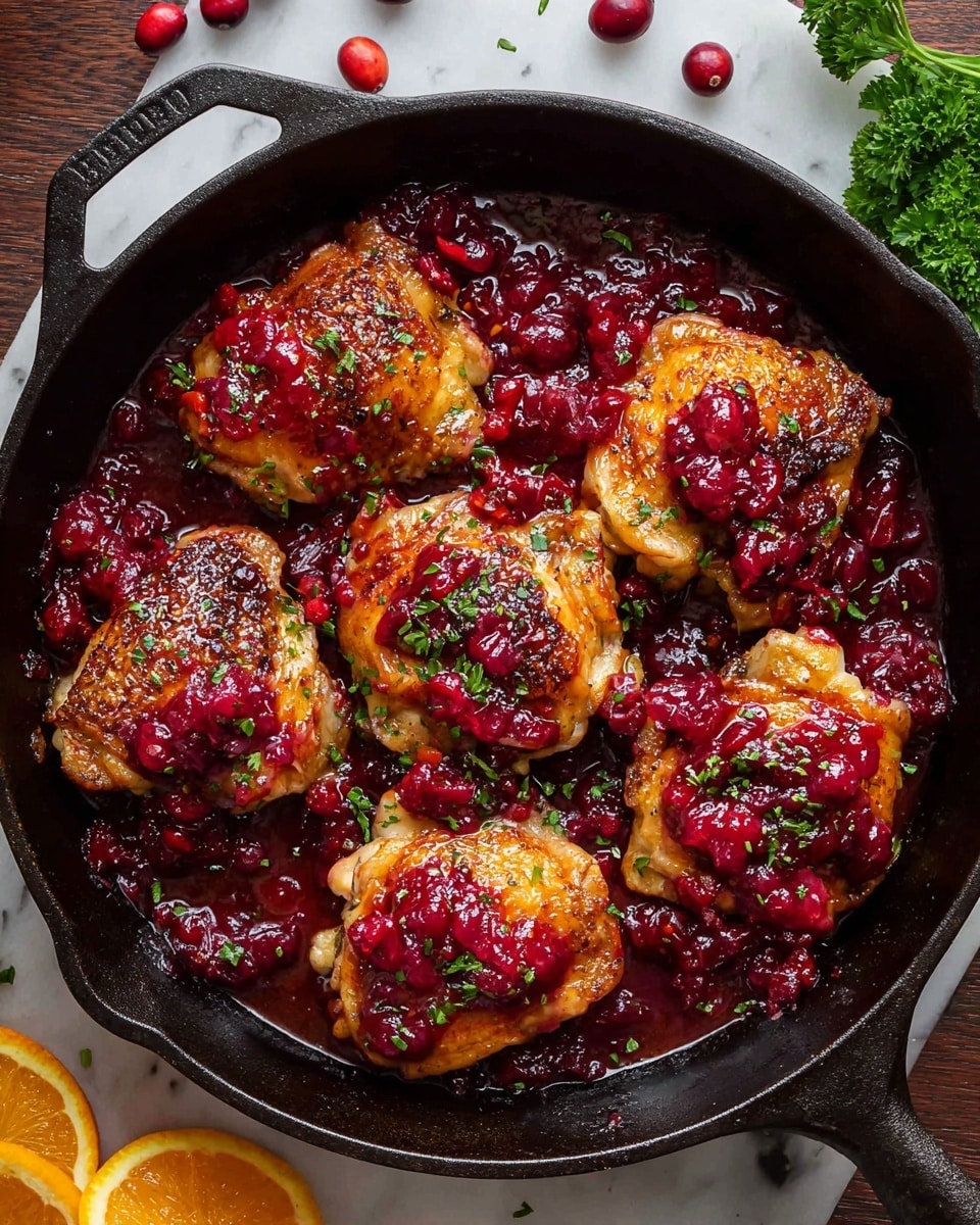 A black cast iron pan holds five pieces of golden brown, crispy chicken thighs arranged evenly in a circle. The chicken is topped with bright red cranberry sauce that has chunks of whole cranberries spread over each piece. The pan has a glossy, deep red sauce pooling around the chicken, adding a rich texture. Small bits of green herbs are sprinkled over the top for contrast. The pan rests on a white marbled surface with a few red cranberries and green parsley leaves scattered around, along with orange wedges to the side. Photo taken with an iphone --ar 4:5 --v 7