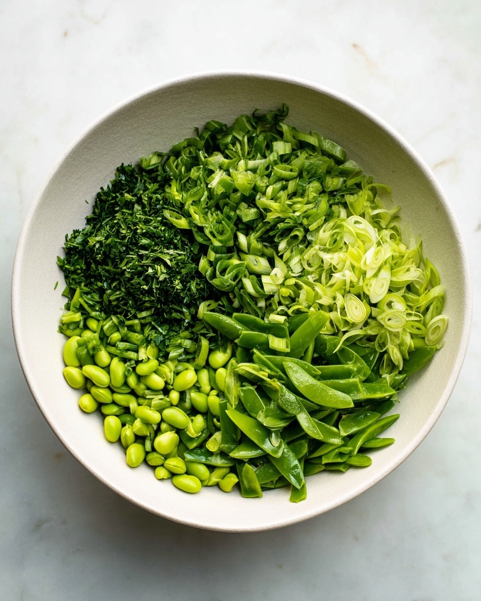A white bowl filled with a fresh green salad made of thinly sliced snap peas and edamame beans mixed together, sprinkled with small white sesame seeds and bits of red chili flakes, all coated lightly with a glossy dark soy or dressing, showing layers of crisp, bright green slices and round beans, with small green herbs scattered throughout. The bowl sits on a white marbled surface with a few small salad pieces and dressing drips around it. Photo taken with an iphone --ar 4:5 --v 7