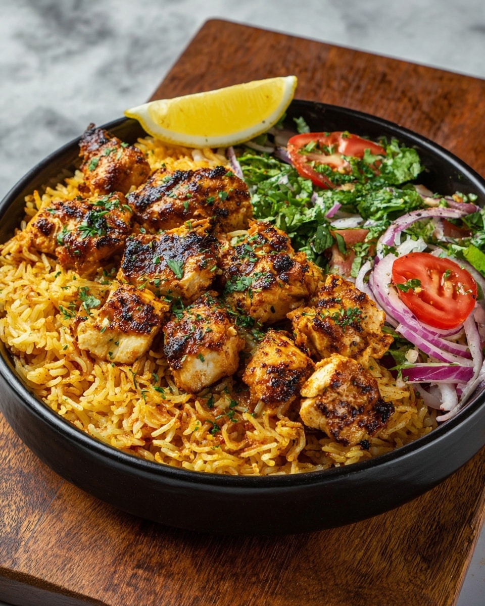 A black round bowl sits on a brown wooden board over a white marbled surface, filled with three main parts: a base layer of yellowish-orange spiced rice covering most of the bowl, topped with a layer of grilled chicken pieces that are golden brown with char marks and sprinkled with chopped green herbs, and on the right side, a fresh salad layer made of sliced red onions, bright red cherry tomato halves, and green leafy herbs mixed together. A lemon wedge is placed at the edge of the bowl, adding a pop of yellow color. The textures range from the fluffy cooked rice, the firm and slightly crispy chicken, to the fresh and juicy vegetables in the salad. Photo taken with an iphone --ar 4:5 --v 7
