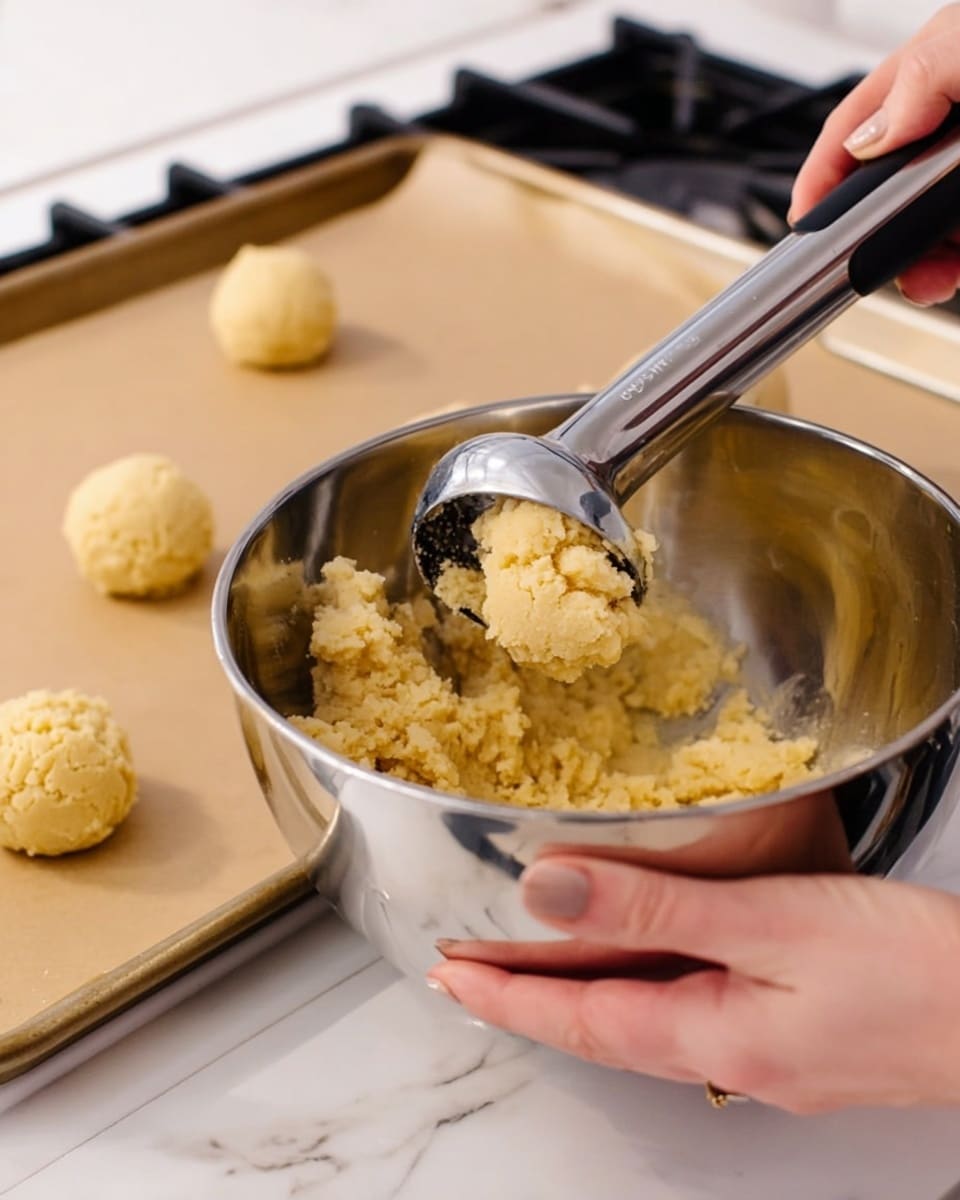 A pile of small round lemon cookies coated in smooth white icing, arranged in two layers on a white marbled surface. The bottom layer has five cookies touching each other closely, while the top layer has three cookies resting on the bottom ones, with the middle cookie on top slightly broken to show a soft, light yellow inside. White grated coconut is sprinkled lightly over the cookies. In the background, two fresh whole lemons and a lemon wedge sit on the white marbled surface, with a blurred kitchen stove and utensils. The scene is bright and warm. Photo taken with an iphone --ar 4:5 --v 7