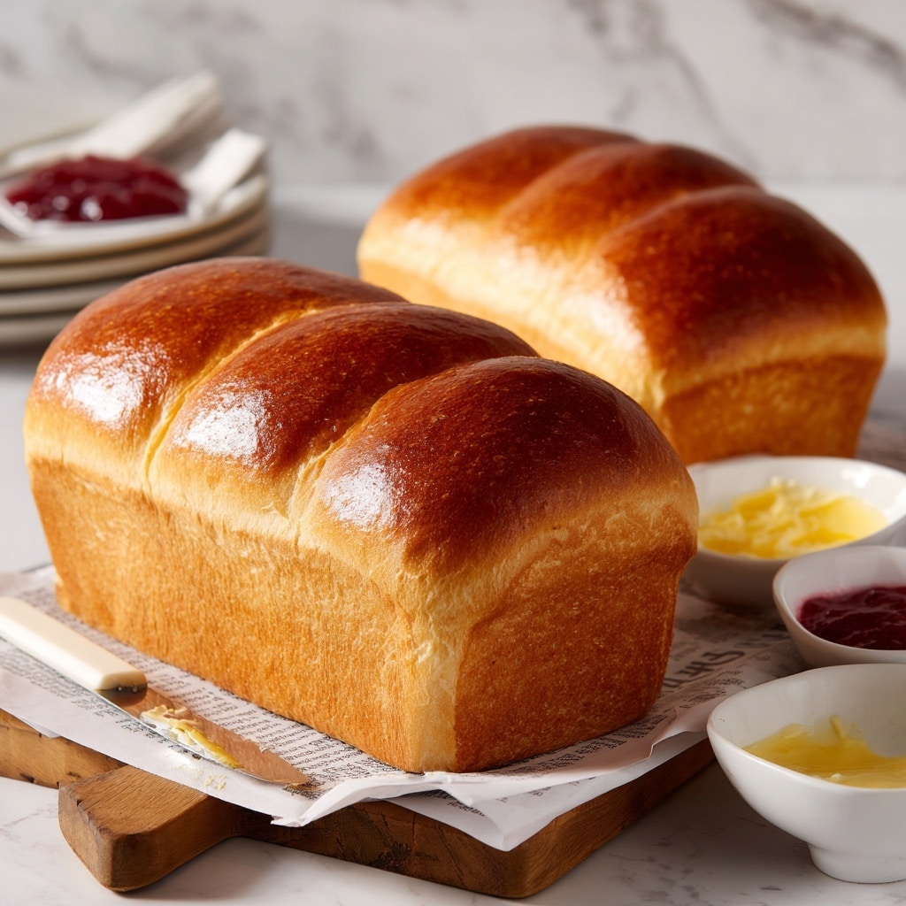 Two golden brown bread loaves with a shiny and smooth top crust are placed on folded newspaper on a small wooden board against a white marbled texture. One loaf is in the front center, showing its evenly spaced horizontal ridges, while the other loaf is slightly blurred in the back on a white plate. To the right, there are two small white bowls, one filled with red jam and the other with light yellow butter or sauce. A knife with a white handle and traces of butter lies diagonally on the board near the bottom right corner. Photo taken with an iphone --ar 4:5 --v 7