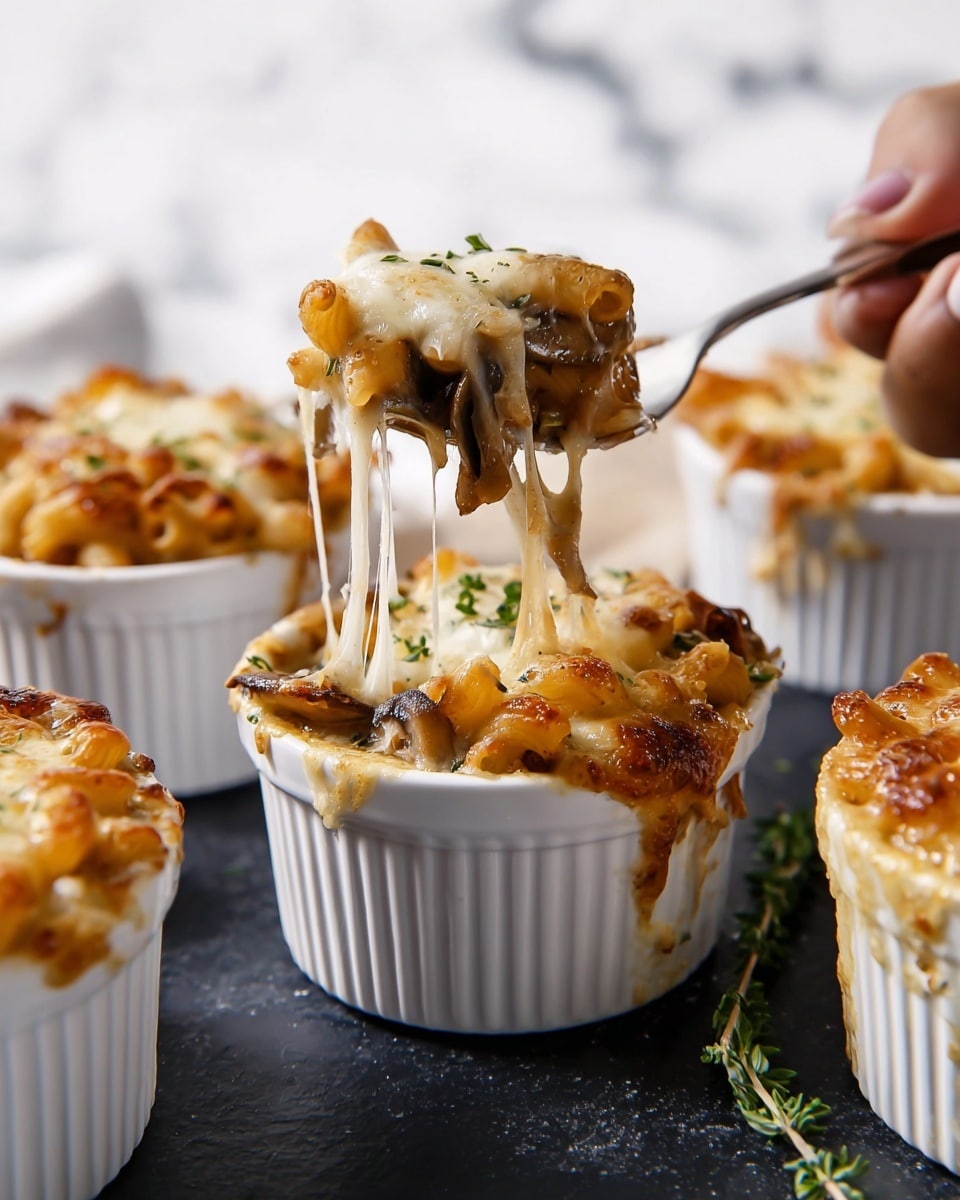 The image shows a close-up of a white ramekin filled with baked macaroni and cheese, with a fork lifting a cheesy, gooey mix of golden-brown baked pasta and melted cheese strands that stretch upwards, topped with small bits of browned mushrooms and herbs. The dish has a crispy, browned cheese layer on top, with creamy pasta underneath. Other ramekins filled with the same dish are in the background on a dark surface, all placed against a white marbled texture. A woman's hand holds the fork. photo taken with an iphone --ar 4:5 --v 7