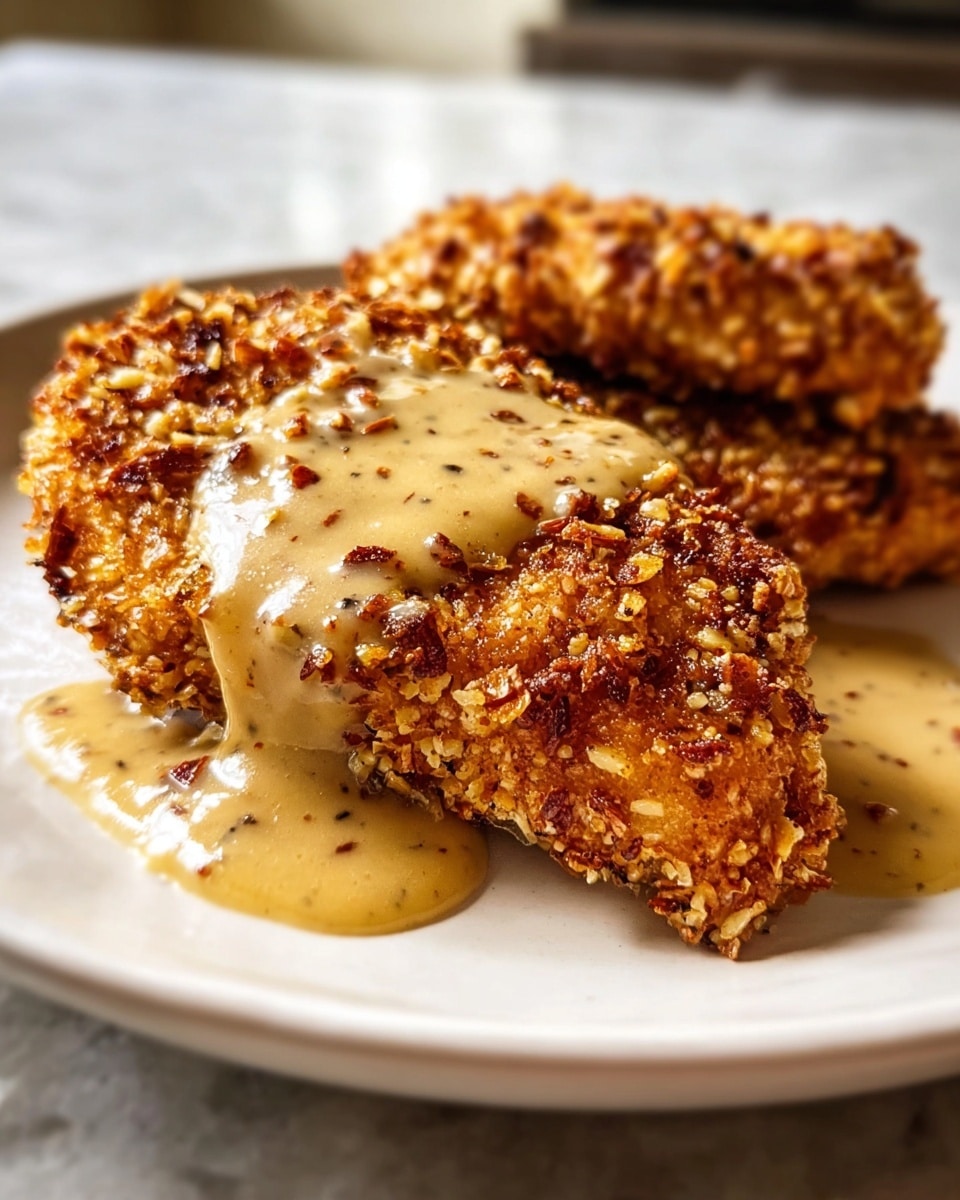 Two pieces of golden brown crispy fried chicken sit on a white plate, each coated with a crunchy textured nut and breadcrumb crust. On top, a creamy light brown gravy with visible specks of seasoning slowly drips over the edges, pooling slightly on the white plate. The chicken pieces are placed close together on a white marbled surface with a soft-focus background that hints at a kitchen. The overall look is warm, hearty, and inviting. photo taken with an iphone --ar 4:5 --v 7