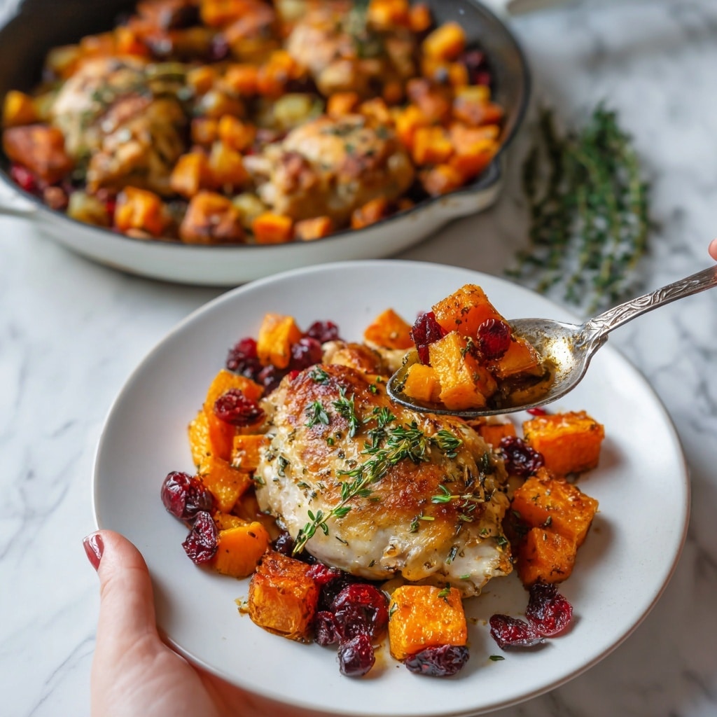 A white plate on a white marbled surface holds a piece of golden-brown roasted chicken topped with small green herb sprigs, positioned beside several chunks of orange roasted sweet potatoes scattered with dark red dried cranberries and herbs. In the background, a round white skillet is filled with more of the same roasted sweet potatoes and cranberries, showing a mix of crispy textures and warm colors. A woman's hand holds a serving spoon leaving a portion of the sweet potatoes inside the skillet. Photo taken with an iphone --ar 4:5 --v 7