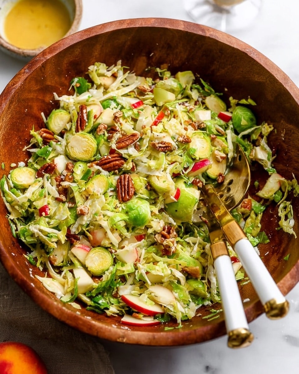A large wooden bowl holds a fresh salad with several visible layers: the base consists of finely shredded bright green Brussels sprouts mixed with celery slices, providing a crunchy texture. On top, there are halved roasted Brussels sprouts with a light charred brown edge, scattered with small, crunchy, reddish-brown pecan pieces. Tiny cubes of red apple add a pop of color and freshness evenly spread throughout the salad. Shredded pale yellow cheese layers softly overlay parts of the salad. The bowl sits on a white marbled surface with a beige cloth napkin featuring a lace border beside it, and a jar of golden dressing is partly visible in the upper right corner. A gold-handled utensil is partially inserted into the salad on the right side photo taken with an iphone --ar 4:5 --v 7