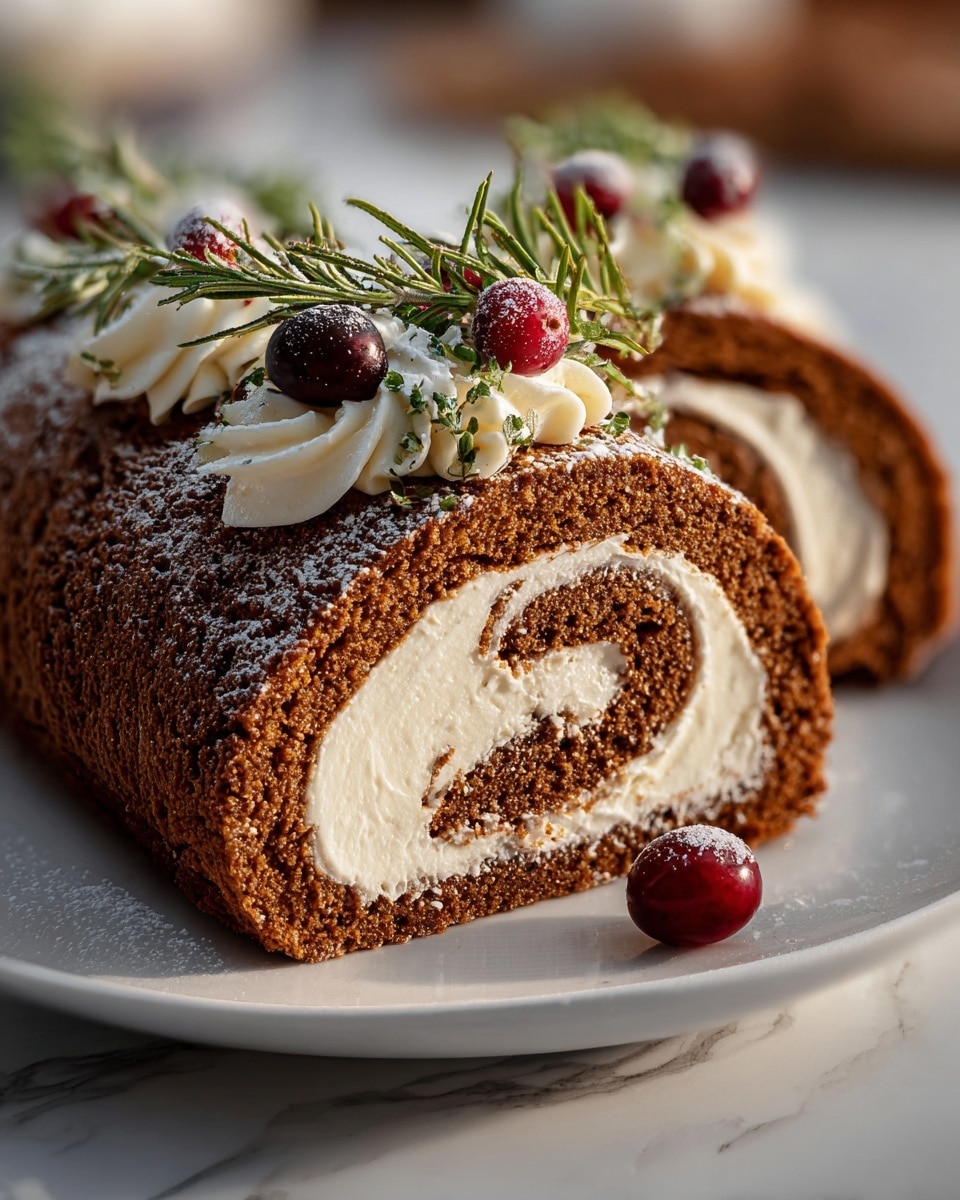 A brown rolled cake cut into two pieces sits on a white plate on a white marbled surface. The cake has three layers: the outer brown spongy cake, a thick middle layer of smooth white cream rolled inside, and a lighter brown cake spiral inside the cream. The top of the cake is decorated with white whipped cream swirls, green rosemary sprigs, and red cranberries, with a light dusting of white powdered sugar on top. One cranberry is placed on the plate next to the cake. The texture of the cake looks soft and moist with a rich cream center. Photo taken with an iphone --ar 4:5 --v 7