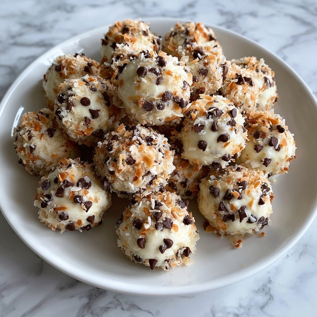 The image shows a white plate filled with six round scoops of creamy white dessert. Each scoop is topped with small dark brown chocolate chips and sprinkled with light brown crunchy crumbs. The scoops appear soft and smooth, sitting closely on a base layer of finely crumbled dark brown crust. The plate is set on a white marbled surface, enhancing the colors of the dessert. photo taken with an iphone --ar 4:5 --v 7
