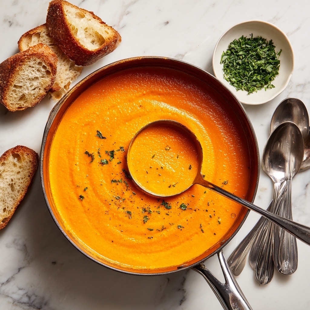 Two white bowls filled with smooth orange soup are placed on a white marbled textured surface. Each bowl has a swirl of white cream on top, sprinkled with red chili flakes, and garnished with a single green sage leaf in the center. Around the bowls, there are small white bowls containing chili flakes and black pepper, along with fresh sage leaves on a small white dish. Two silver spoons lie near the bowls, and a blue-gray cloth is casually draped on the side. Photo taken with an iphone --ar 4:5 --v 7