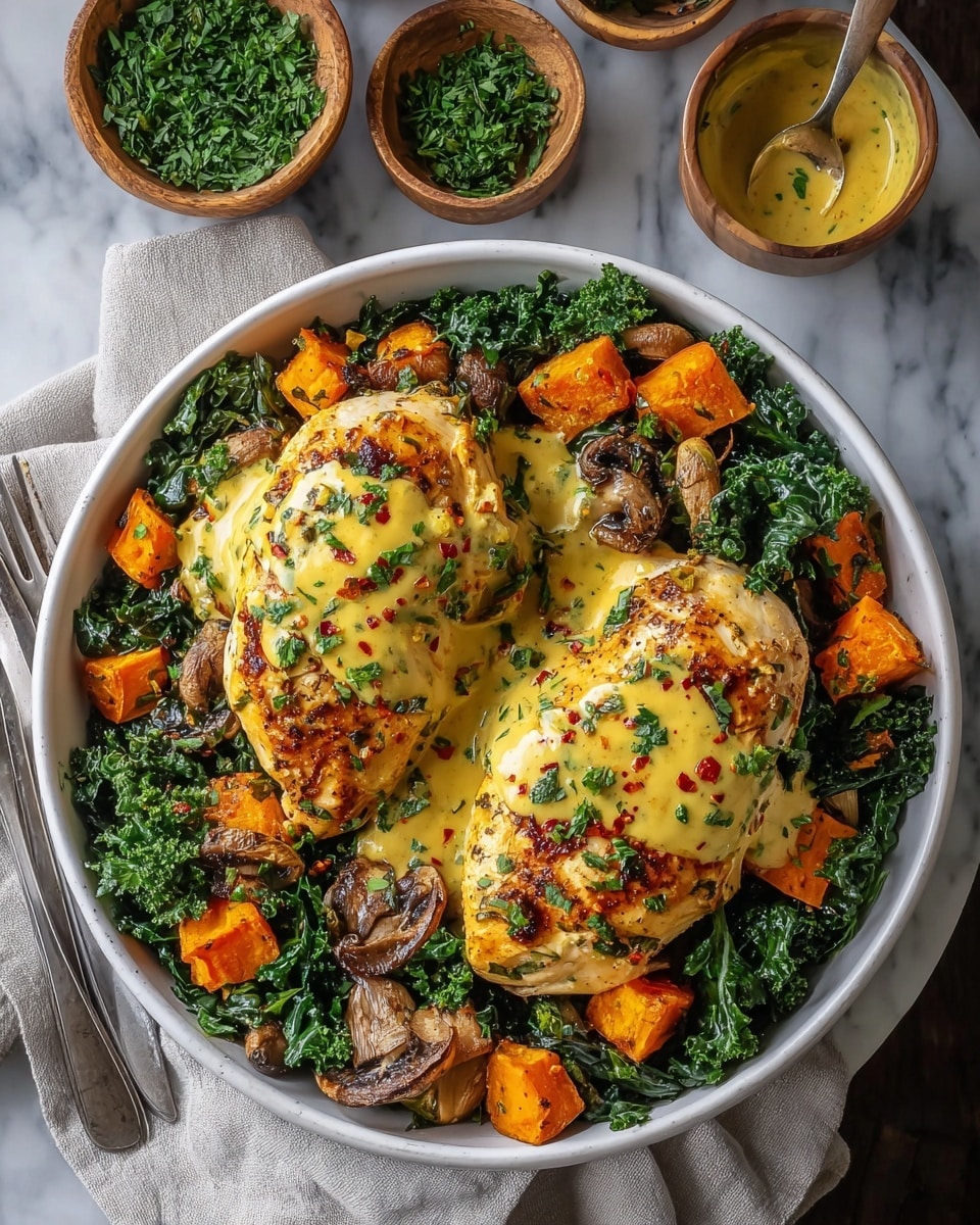 A white bowl is filled with a base layer of dark green sautéed kale mixed with some caramelized purple onion slices, creating a rich texture at the bottom. On top of this green layer, there is a middle layer of bright orange roasted sweet potato chunks, adding a soft and slightly charred look. The top layer consists of several pieces of golden brown grilled chicken breast, sliced and drizzled with a light brown mustard sauce, garnished with small green herb sprigs. The bowl is placed on a gray cloth over a white marbled surface, with two white cups holding sauces blurred in the background. photo taken with an iphone --ar 4:5 --v 7