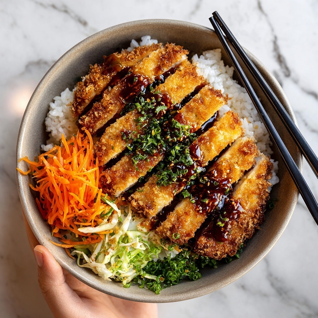 The image shows a white bowl filled with a base layer of plain white rice. On top of the rice, there are five thick slices of crispy, golden-brown breaded chicken cutlet arranged neatly in a row. The chicken pieces are covered with a dark brown sauce that looks shiny and rich, slightly dripping over the sides. Small green chopped scallions are sprinkled on top of the chicken, adding a fresh contrast to the dish. The bowl sits on a white marbled surface. photo taken with an iphone --ar 4:5 --v 7