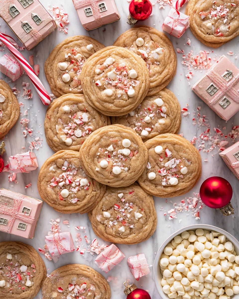 A stack of five soft, light brown cookies with visible red and white pieces of crushed candy cane inside and on top, giving a festive look. The cookies have a slightly cracked surface showing a chewy texture. One white plate is partially visible, filled with cookie pieces, all on a white marbled surface. The scene has a cozy, bright feel with tiny bits of crushed candy scattered around. Photo taken with an iphone --ar 4:5 --v 7