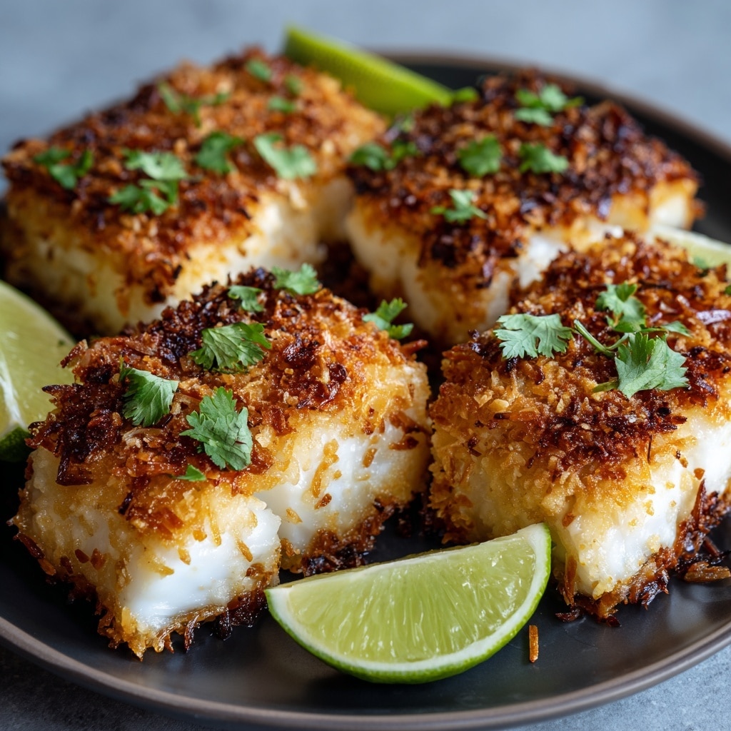 The image shows four rectangular pieces of fish with a golden brown, crispy toasted coconut crust on top, sprinkled with small green cilantro leaves. The fish has a white, flaky interior visible on the sides. Each piece sits on a slightly shiny black plate, with fresh lime wedges on the side adding green contrast. The toasted coconut layer looks crunchy and textured with some darker browned bits. Photo taken with an iphone --ar 4:5 --v 7