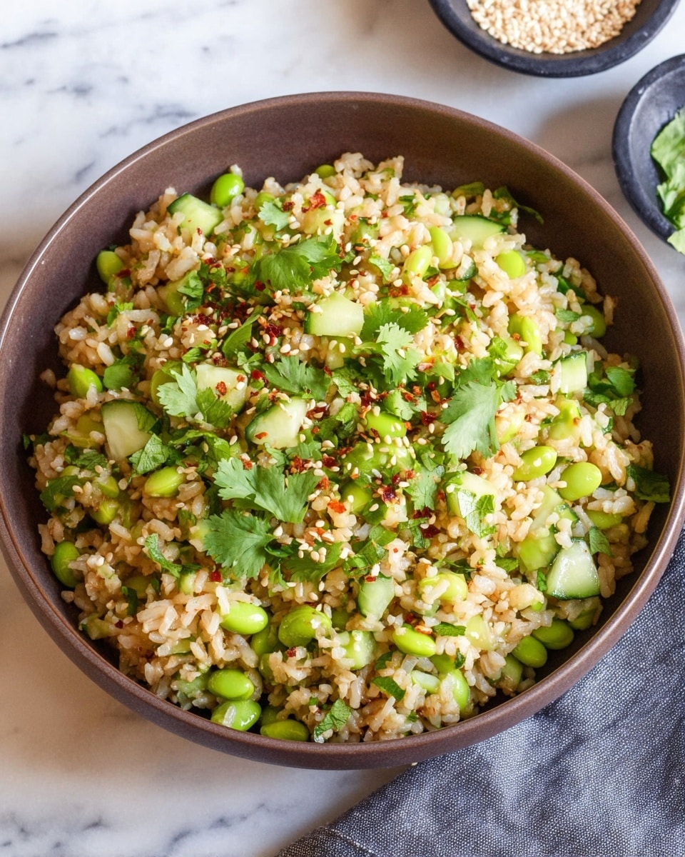 The image shows two clear glass bowls on a white marbled surface. The bowl on the left holds many separate ingredients arranged in layers: bright green chunks of avocado in one corner, vibrant green edamame beans to the side, chopped fresh green herbs including cilantro in the middle and sprinkled sesame seeds near the center, topped with a dollop of reddish chili paste. The bowl on the right shows the same ingredients mixed together, creating a textured mix of rice that is light brown with green pieces of cucumber, herbs, and edamame beans spread evenly throughout. A wooden spoon rests inside the mixed bowl, blending the colors and textures. Photo taken with an iphone --ar 4:5 --v 7