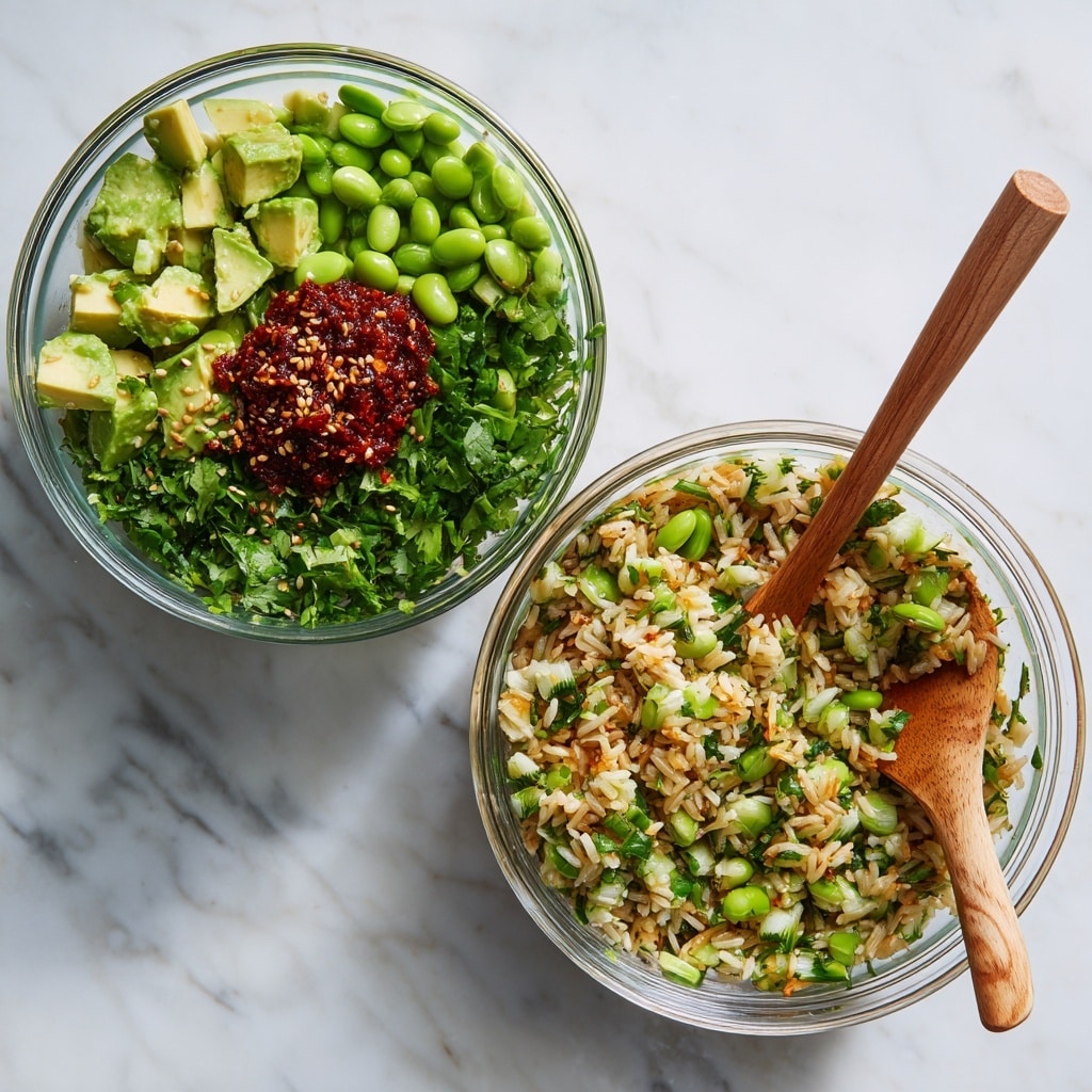 A close-up view of a brown bowl filled with a mixed rice salad that has three main layers: the base is light brown cooked rice, mixed throughout with bright green edamame beans and chopped cucumber pieces; scattered on top are small green cilantro leaves and light beige sesame seeds, with some red chili flakes adding small pops of color. The bowl sits on a white marbled surface with a small black bowl containing sesame seeds visible near the top right and a grey cloth napkin on the bottom right. photo taken with an iphone --ar 4:5 --v 7