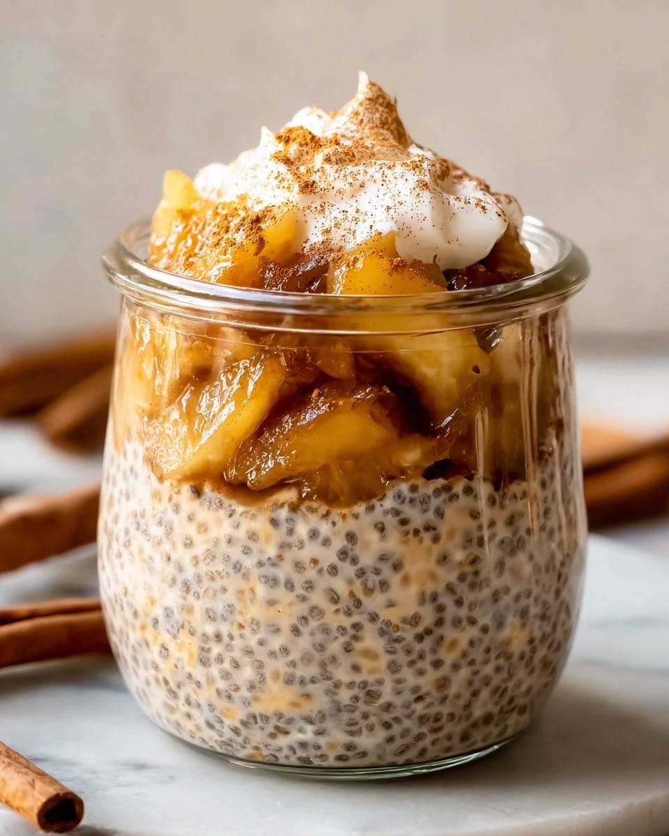 A small clear glass jar filled with three visible layers: the bottom two-thirds are creamy with small black chia seeds evenly mixed in, the top layer is a thick orange-brown fruit puree with visible chunks, and a sprinkle of crushed nuts or seeds is scattered on top. The jar sits on a white marbled surface with a single cinnamon stick nearby and two similar jars blurred in the background. The lighting is soft and natural, highlighting the texture and color contrast in the jar. photo taken with an iphone --ar 4:5 --v 7