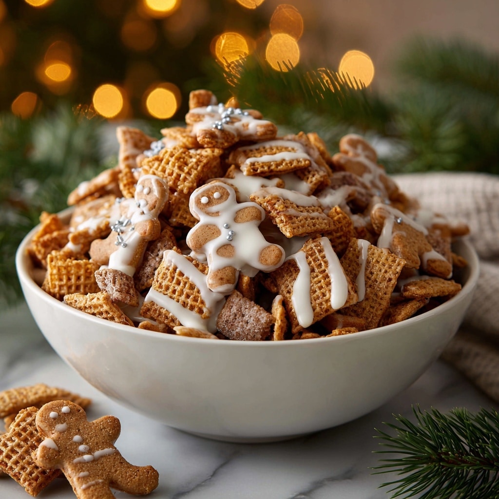 A white bowl filled with a layered mix of light brown cereal squares and broken pieces of graham crackers, all drizzled with white icing that flows over the crunchy textures. Tiny brown gingerbread man shaped sprinkles are scattered throughout, adding small, festive details. The bowl sits on a white marbled surface with blurred warm lights and green pine branches in the soft background, creating a cozy holiday feel. photo taken with an iphone --ar 4:5 --v 7