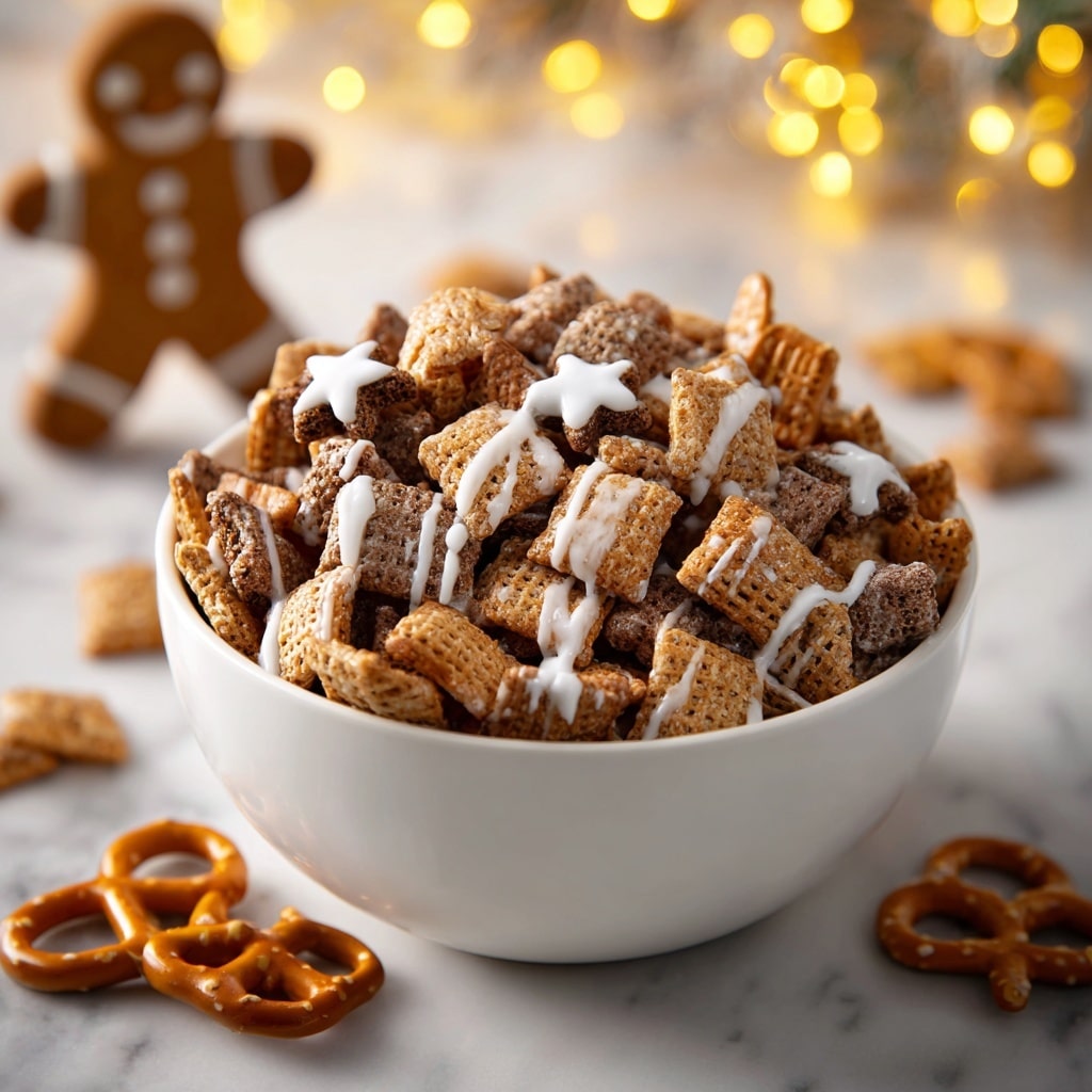 A white bowl filled to the top with a mix of light brown square-shaped cereal pieces, small dark brown pretzels, and tiny brown star-shaped sprinkles scattered throughout, all covered with thin white drizzle that looks like icing, creating a textured and crunchy look. In the background, there is a blurred gingerbread man cookie and some soft yellow lights, with the whole scene set on a white marbled surface. photo taken with an iphone --ar 4:5 --v 7
