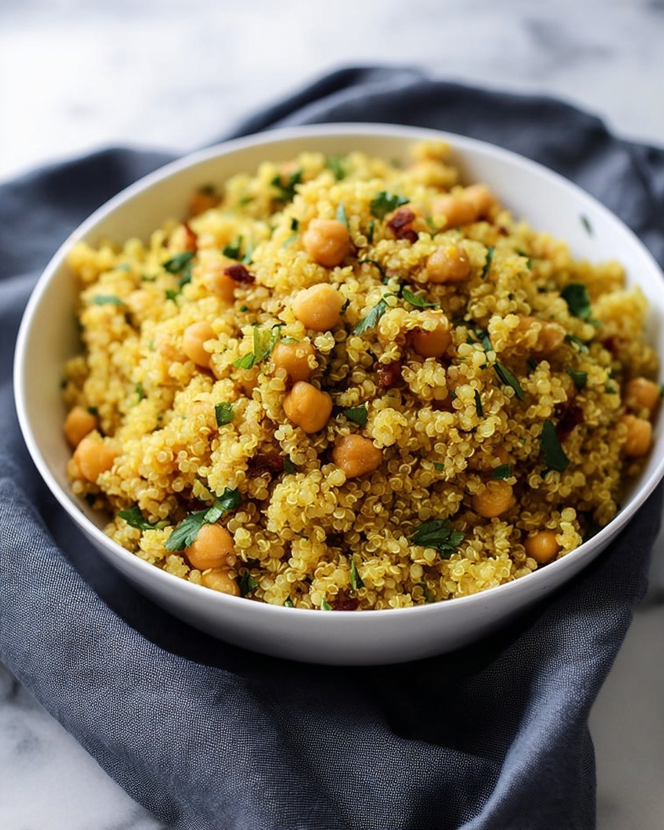 A white bowl is filled with a mixture of fluffy yellow quinoa and light brown chickpeas, with small pieces of green herbs scattered evenly throughout. The texture of the quinoa looks soft and cooked, while the chickpeas add a round, smooth contrast. The dish sits on top of a dark gray cloth, all placed on a white marbled surface. photo taken with an iphone --ar 4:5 --v 7