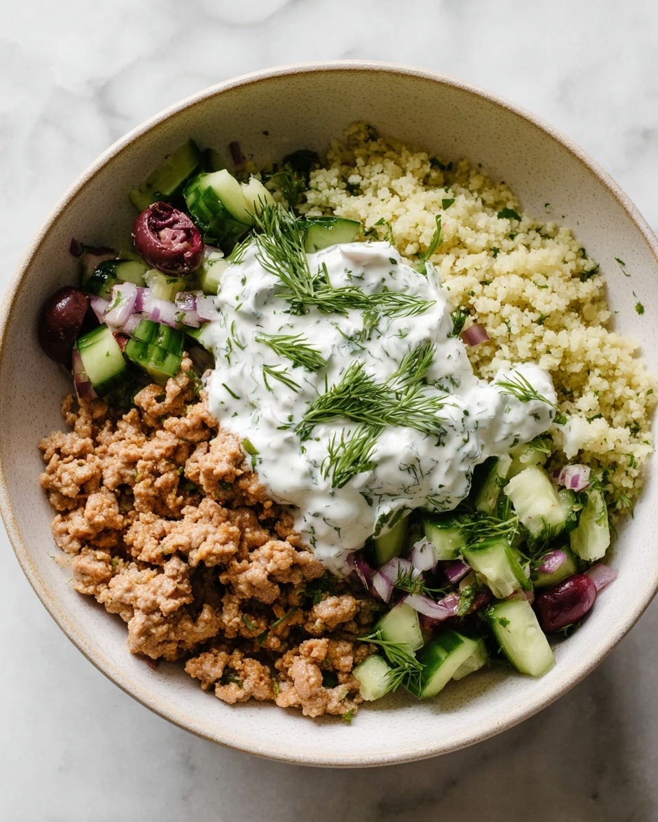 A beige bowl sits on a white marbled surface, filled with three main layers: on the left, soft white rice; on the right, crumbly light brown cooked ground meat; and in the back, a mix of diced cucumber, vivid pink pickled onions, and dark chunks of olives. On top of the rice, there is a dollop of smooth white yogurt. The bowl is part of a clean, bright scene with a glass of pink drink blurred in the background. photo taken with an iphone --ar 4:5 --v 7