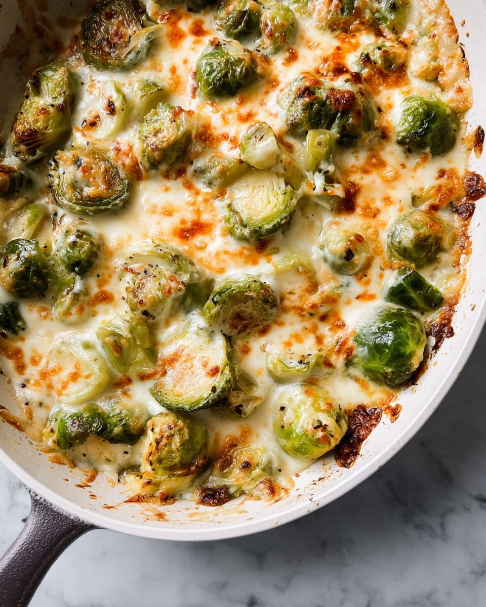 The image shows a white pan filled with cooked Brussels sprouts covered in melted cheese that is golden and slightly browned in spots. The Brussels sprouts are whole and halved, bright green with some charred edges. The cheese layer melts thickly, blending creamy white with patches of light orange and darker brown where it bubbled and crisped. The pan sits on a white marbled surface with a glimpse of a dark handle, with the melted cheese bubbling up around the edges of the pan. photo taken with an iphone --ar 4:5 --v 7