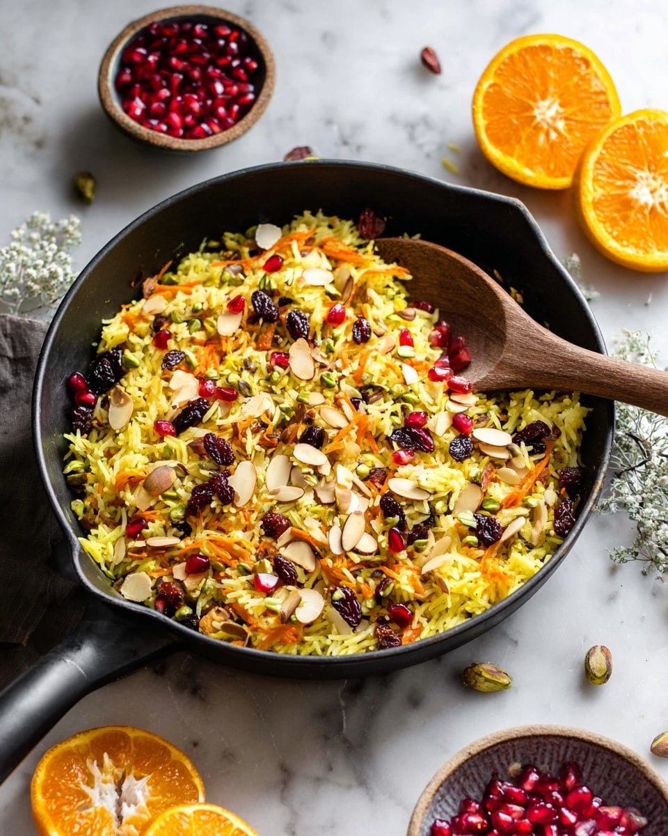 The image shows a copper plate filled with a colorful rice dish. The bottom layer is long yellow rice grains, cooked and spread across the plate with a slight shine. On top, there are thin strips of orange carrots, white onions, and small pieces of red dried fruit scattered evenly, adding a mix of crunchy and soft textures. Some green herbs, likely cilantro, are sprinkled lightly over the dish, giving it a fresh look. The copper plate rests on a white marbled surface, creating a clean and bright background. photo taken with an iphone --ar 4:5 --v 7