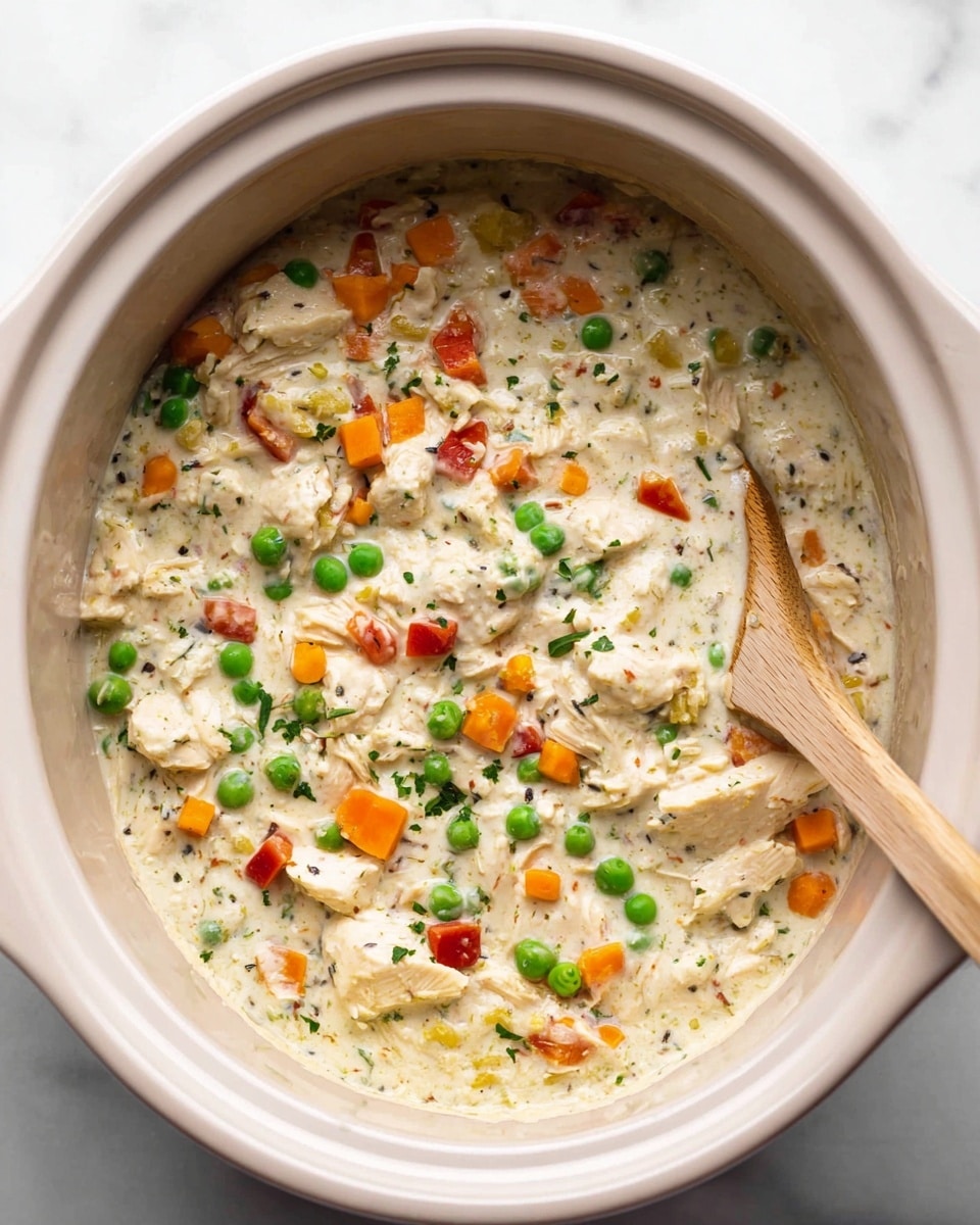 A close-up view of a bowl filled with creamy chicken pot pie soup showing three main layers: a rich creamy white broth as the base, mixed with chunks of white chicken meat, light brown red-skinned potato pieces, bright orange carrot slices, and vibrant green peas scattered evenly throughout. The soup is garnished with small bits of chopped green herbs and sprinkled with grated light yellow cheese for added texture. A silver spoon is partly immersed, holding a scoop of the soup near the top right edge of the bowl, which is white and speckled with dark brown spots. The setting includes a white marbled surface underneath, with white bowls of grated cheese and green herbs blurred in the background, and a piece of crusty bread on a wooden board to the side. photo taken with an iphone --ar 4:5 --v 7