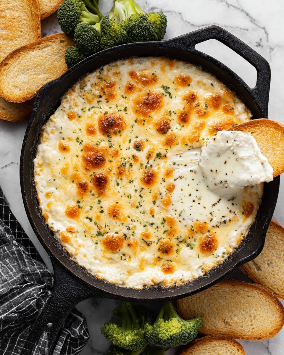 A black skillet filled with a creamy, bubbly, and slightly browned white cheese dip topped with small pieces of green herbs and specks of ground black pepper, with a woman's hand dipping a light golden toasted bread piece into the thick, stretchy cheese layer visible lifting from the skillet, all placed on a white marbled texture with some fresh green broccoli in the corner. photo taken with an iphone --ar 4:5 --v 7
