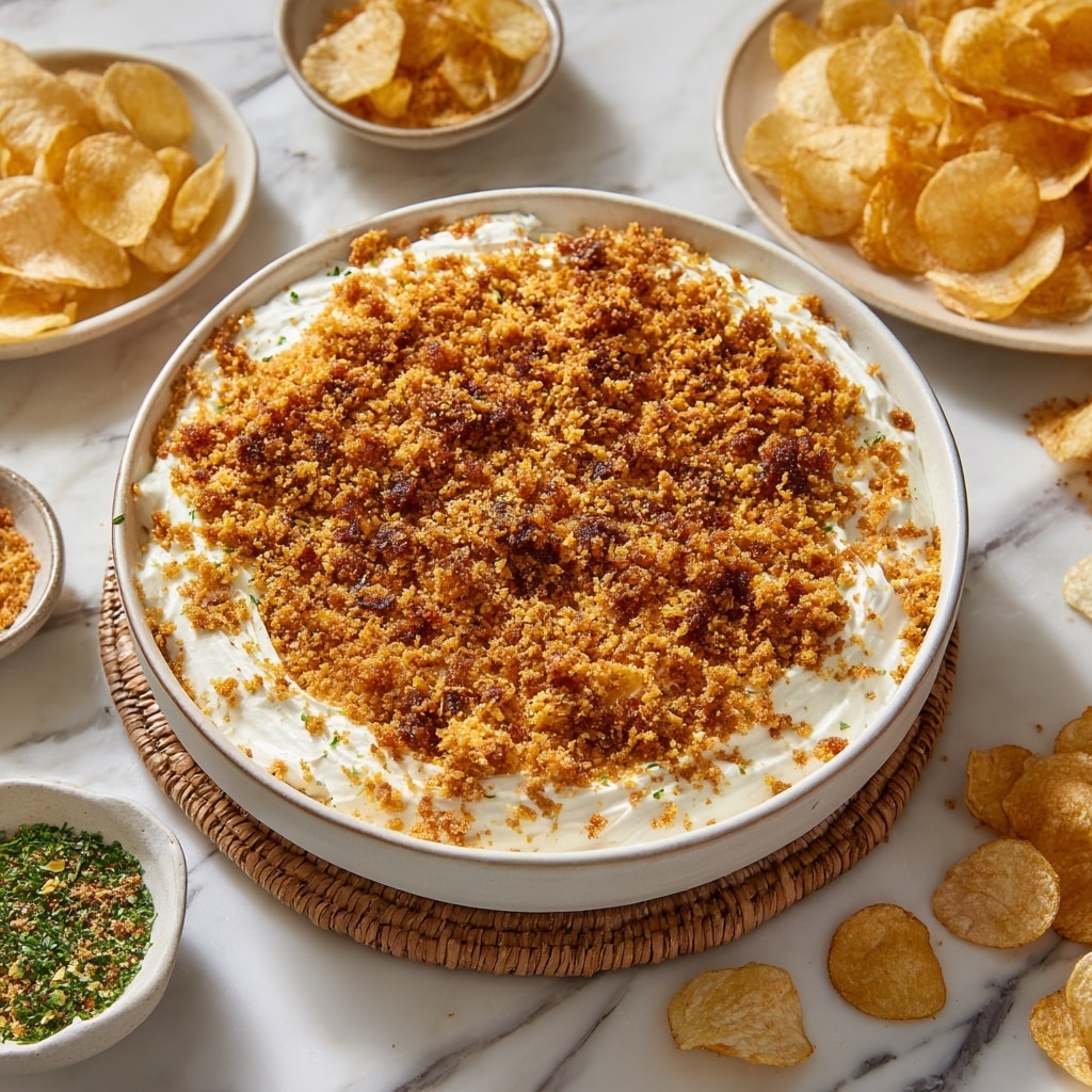 The image shows a white bowl filled with a creamy dip that has a soft, smooth texture topped with a layer of brown, crunchy crumbs spread evenly over the surface. The bowl is placed on a round, woven mat, set on a white marbled surface. Around the bowl, there are potato chips and small white dishes filled with more crumbs and green seasoning, adding variety to the scene. The colors mainly include creamy off-white, light brown, and green, creating a cozy and inviting atmosphere. Photo taken with an iphone --ar 4:5 --v 7