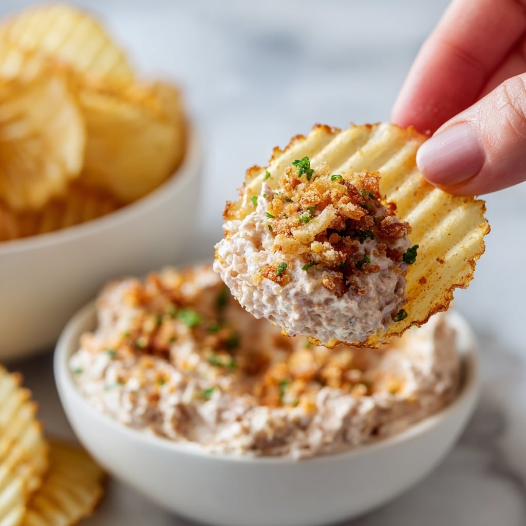 A close-up image shows a woman's hand holding a single ridged potato chip with a scoop of creamy, pale pinkish dip topped with small bits of golden brown crunchy crumbs and green herb flakes on the upper right side of the chip. In the blurred background, there are two white bowls filled with more ridged potato chips and a larger bowl of the same dip sprinkled with crunchy crumbs on a white marbled surface. The colors include light yellow and beige from the chips, soft pink and creamy texture of the dip, and warm brown with green specks of the crumbs. Photo taken with an iphone --ar 4:5 --v 7