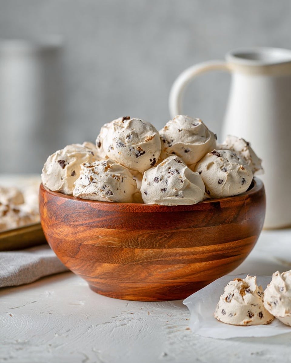 A group of light beige meringue cookies with visible dark chocolate chips are scattered loosely on crinkled parchment paper over a white marbled surface. The cookies have a slightly rough and airy texture with irregular round shapes and some small cracks, showing a delicate, crisp outer layer. Each cookie is about one to two layers thick, with the chocolate chips embedded unevenly throughout. The overall look is soft and light with off-white color contrast against the dark chocolate dots, creating a rustic homemade feel. Photo taken with an iphone --ar 4:5 --v 7