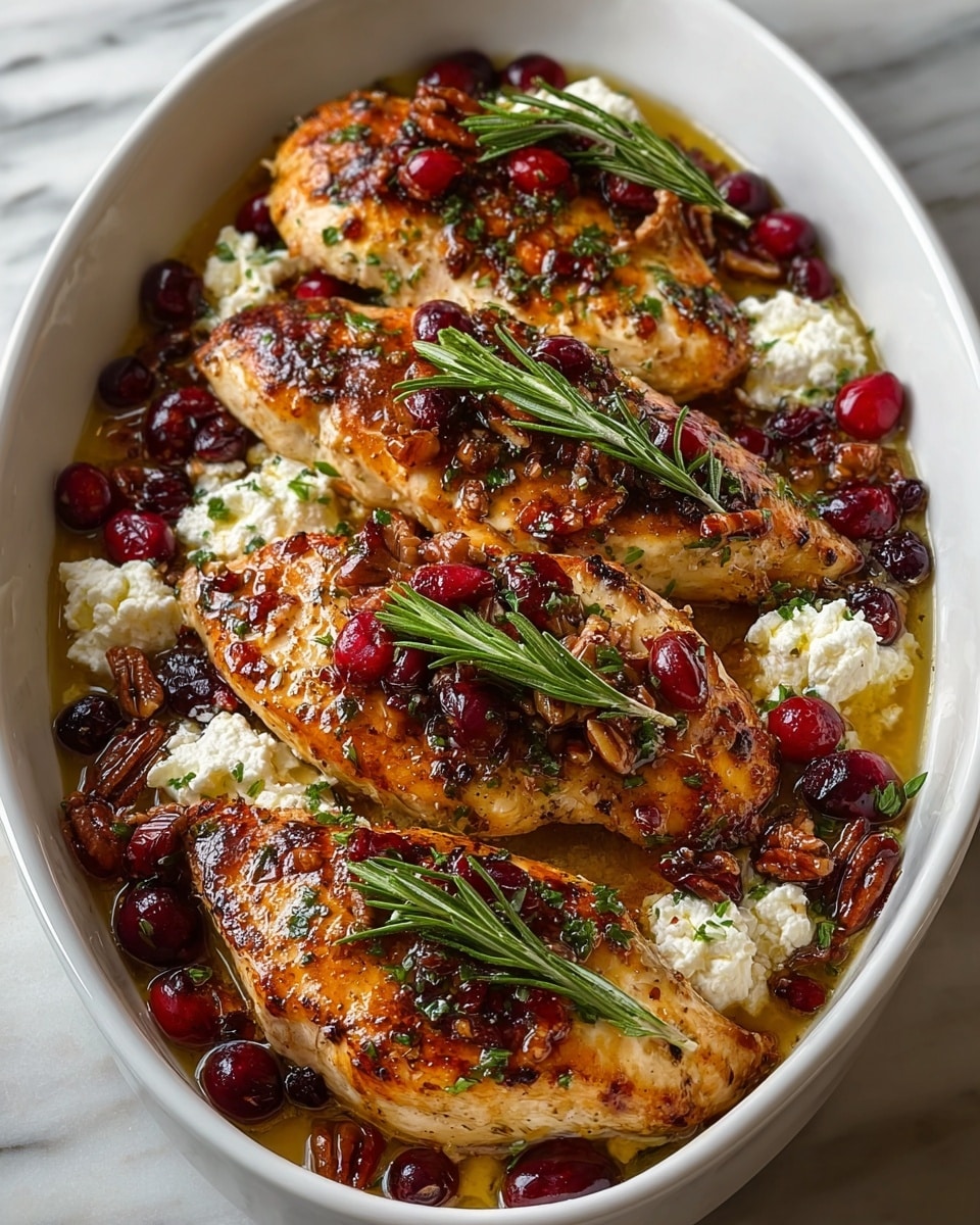 A white oval dish holds four golden-brown grilled chicken breasts, each topped with two sprigs of fresh green rosemary. Beneath and around the chicken are large dollops of white, crumbly cheese. Bright red cranberries and dark brown pecans are scattered throughout the dish, resting on a light glossy sauce that fills the base of the dish. Small green herb bits are sprinkled across the entire dish, adding a fresh touch to the warm, rich colors. The dish sits on a white marbled textured surface. photo taken with an iphone --ar 4:5 --v 7