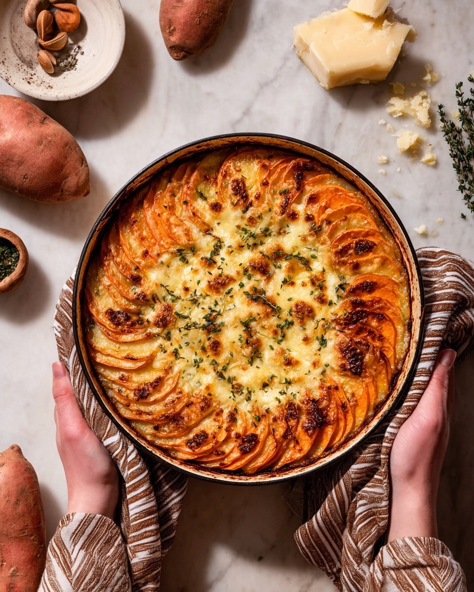 A round black skillet holds a layered sweet potato gratin, showing three visible layers: the bottom is a mashed orange sweet potato base, the middle is covered with thin, overlapping slices of orange sweet potato arranged in a crescent shape around the edge, and the top layer is browned melted cheese with golden spots and sprinkled with small green herb leaves. A large silver spoon with food residue rests inside the skillet over the mashed layer, and the skillet sits on a white marbled surface. photo taken with an iphone --ar 4:5 --v 7