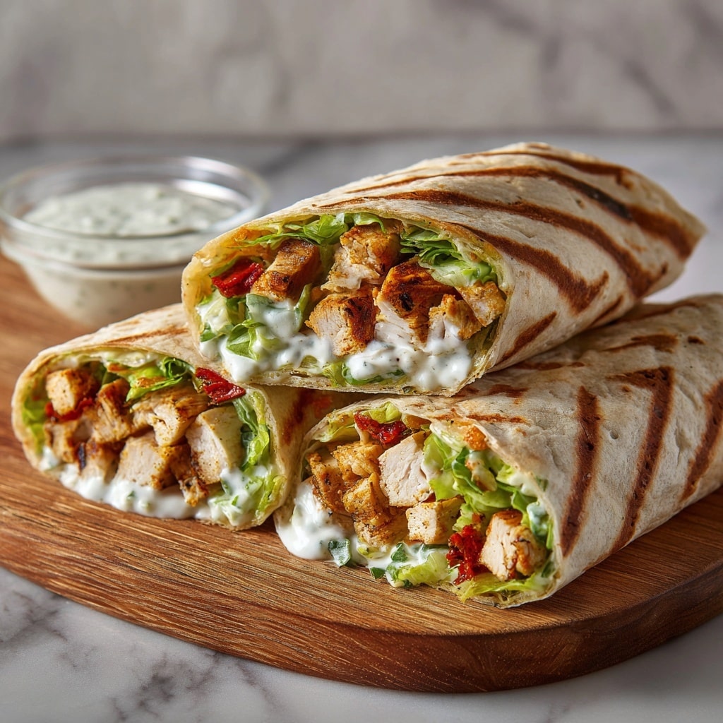 Three grilled wraps are stacked on a wooden board with a textured look, each cut in half to show their fillings. The wraps have a lightly browned, soft tortilla on the outside with visible grill marks. Inside, the bottom layer is fresh green lettuce, topped with creamy white sauce that looks smooth and cool. Above that are chunks of light golden brown grilled chicken with a slightly charred edge, mixed with small red pieces of roasted vegetables, adding pops of color. The fillings look juicy and fresh, tightly wrapped by the tortilla. In the background, there is a small glass bowl with white sauce on a white marbled texture. photo taken with an iphone --ar 4:5 --v 7