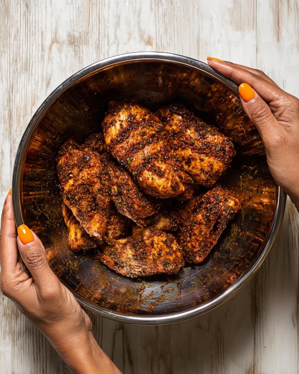 A black pan with a bright red handle holds four grilled chicken breasts covered in a shiny sauce with herbs and small garlic pieces. One chicken breast is cut into three slices showing a juicy, light brown inside with a crispy edge. The sauce in the pan is dark brown and oily with herbs spread on top. A gold spoon and a two-prong fork with a wooden handle rest inside the pan. Around the pan, there are a few green basil leaves on a white marbled surface and a beige cloth. Photo taken with an iphone --ar 4:5 --v 7