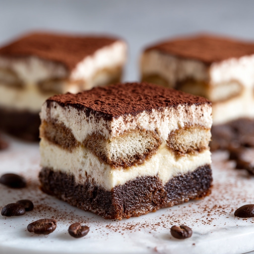 The dessert square is on a white plate with four clear layers, set on a white marbled surface. The bottom layer is thick and dark brown, looking like a moist chocolate cake. Above it is a smooth, white cream layer that is even and clean. The third layer is a light brown color with a soft, moist texture, likely soaked in coffee or similar. The top layer is thick white cream piped into small rounded peaks covering the entire surface, dusted generously with dark cocoa powder. In the blurry background, there are two small clear glasses filled with dark brown coffee, and more pieces of the dessert can be seen on similar white plates. Photo taken with an iphone --ar 4:5 --v 7