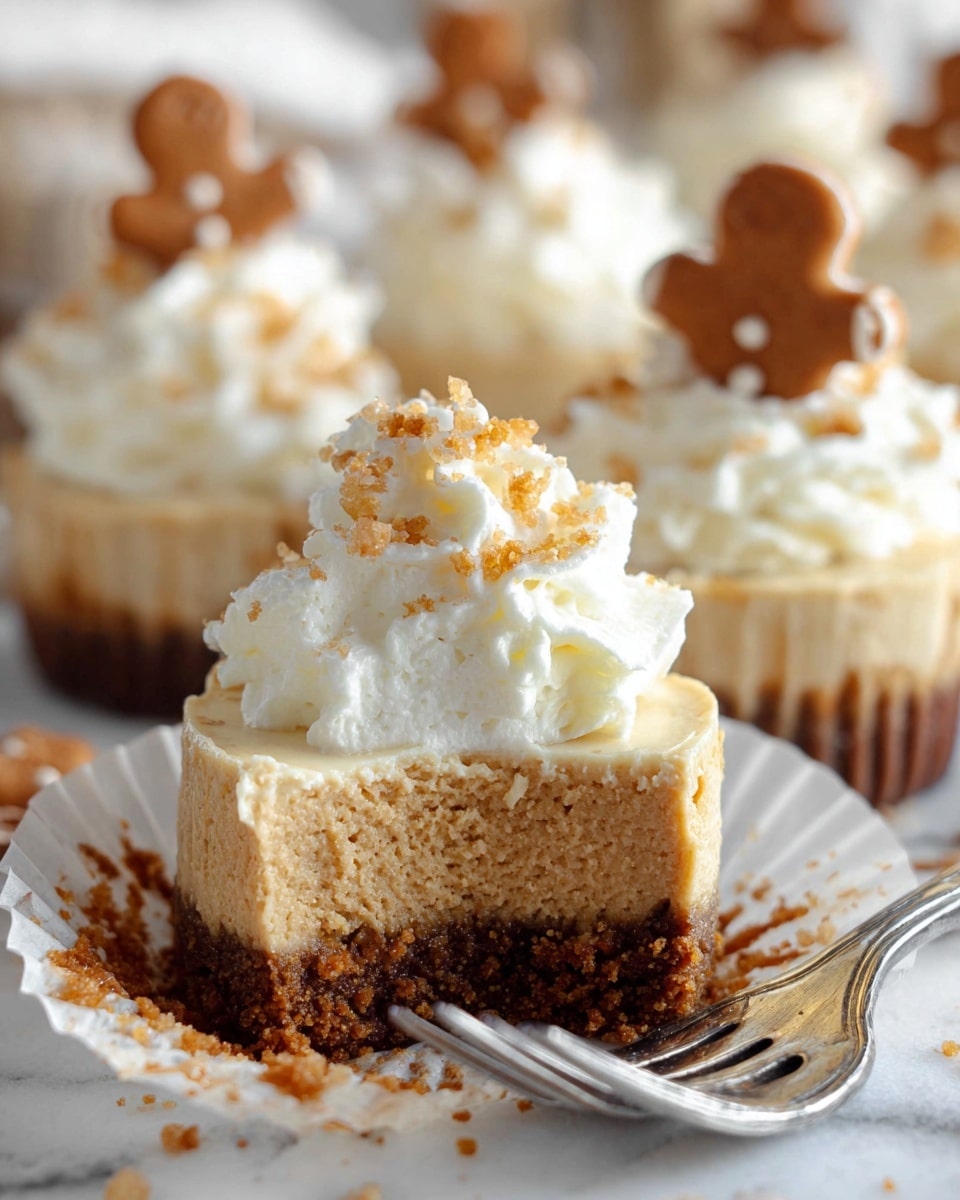 A small cheesecake cupcake sits in the foreground with three visible layers: a dark golden-brown crumbly crust at the bottom, a light tan creamy cheesecake layer in the middle, and a thick swirl of white whipped cream on top sprinkled with golden brown crumbs. Stuck upright in the whipped cream is a gingerbread man cookie decorated with white icing for eyes, a smiling mouth, and three buttons. In the blurry background, more cheesecake cupcakes topped with whipped cream and gingerbread men cookies sit on a white plate on a white marbled surface, with a few additional gingerbread men cookies scattered around. photo taken with an iphone --ar 4:5 --v 7