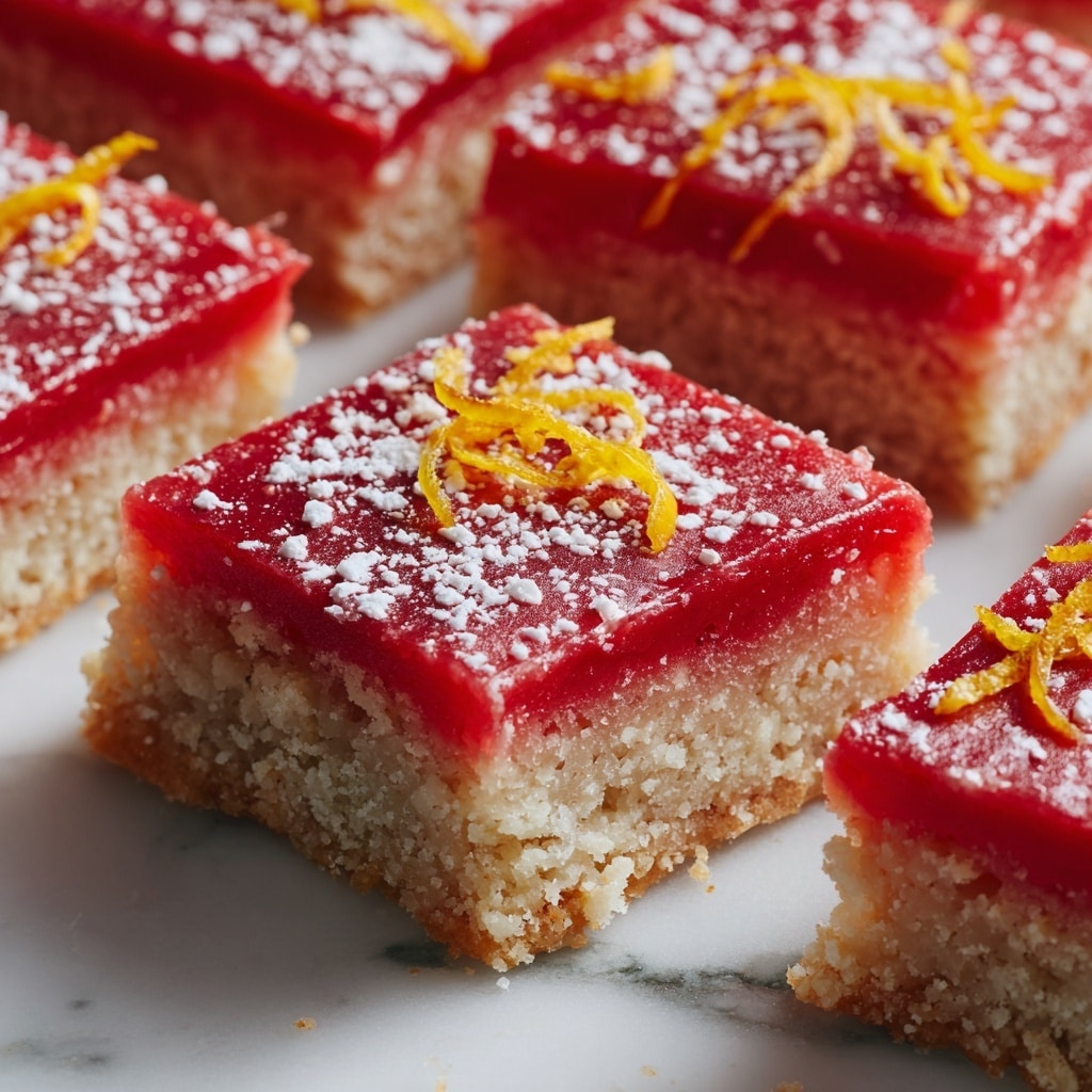 The image shows square pieces of dessert arranged closely on a white marbled surface. Each piece has two clear layers: the bottom layer is a crumbly, light brown crust with a coarse texture, and the top layer is a smooth, bright pink filling with a glossy surface. The top of the filling is decorated with thin orange peel spirals and dusted with fine white powdered sugar. The dessert looks fresh and neatly cut, with some powdered sugar scattered around on the marbled surface. Photo taken with an iphone --ar 4:5 --v 7
