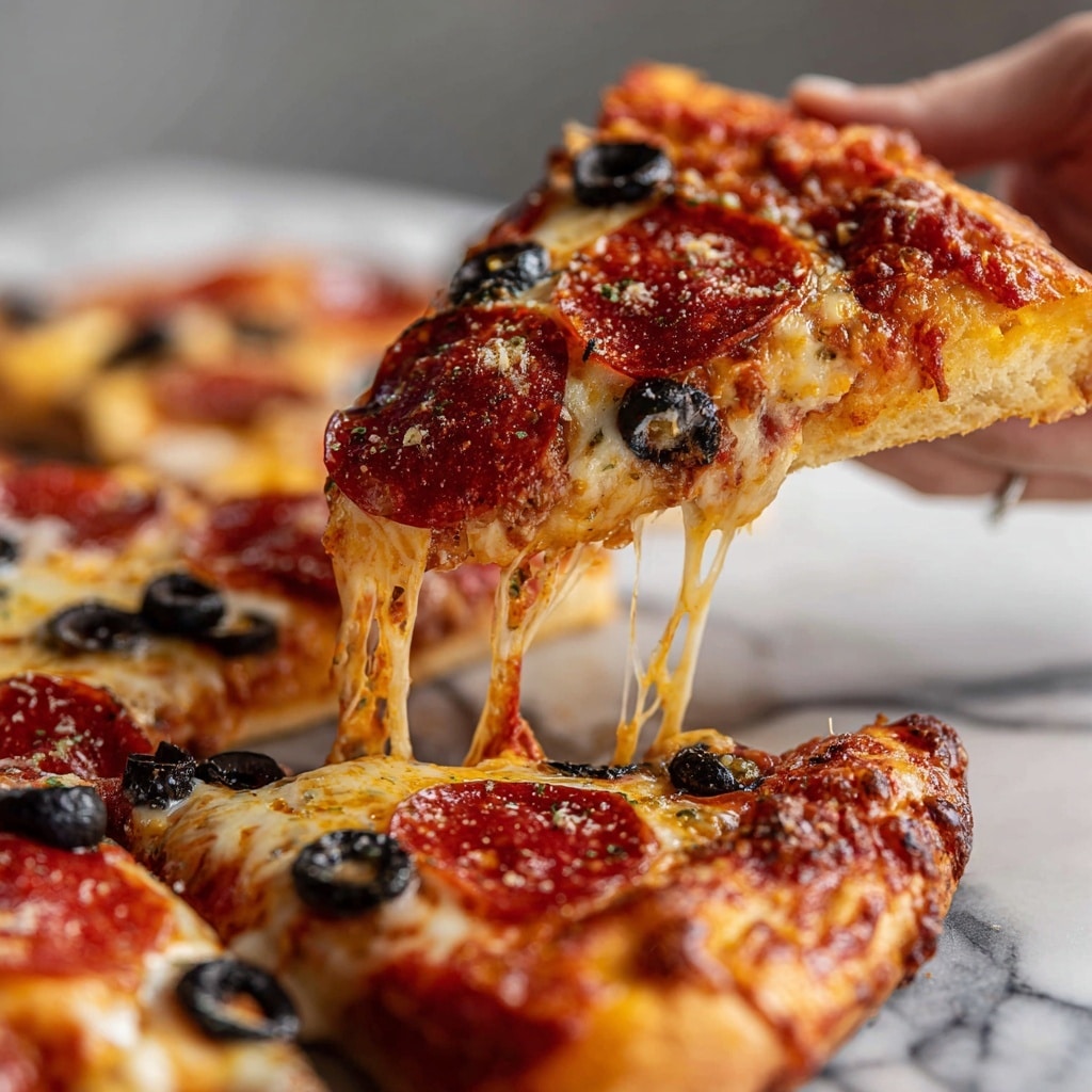 A small, thick pizza resting on a dark stone plate, placed on a white marbled surface. The pizza has a golden-brown crust with a layer of melted, slightly browned cheese covering most of the top. There are visible slices of reddish pepperoni scattered, along with black olive rings and thin green jalapeño slices. The cheese and toppings are glossy with a drizzle of oil, and there are flecks of crushed red pepper sprinkled across the surface. The edges of the crust are slightly charred, adding texture to the golden base. In the background, another similar pizza sits on a baking tray, slightly blurred, and part of a wooden bowl with green leaves is also visible. photo taken with an iphone --ar 4:5 --v 7