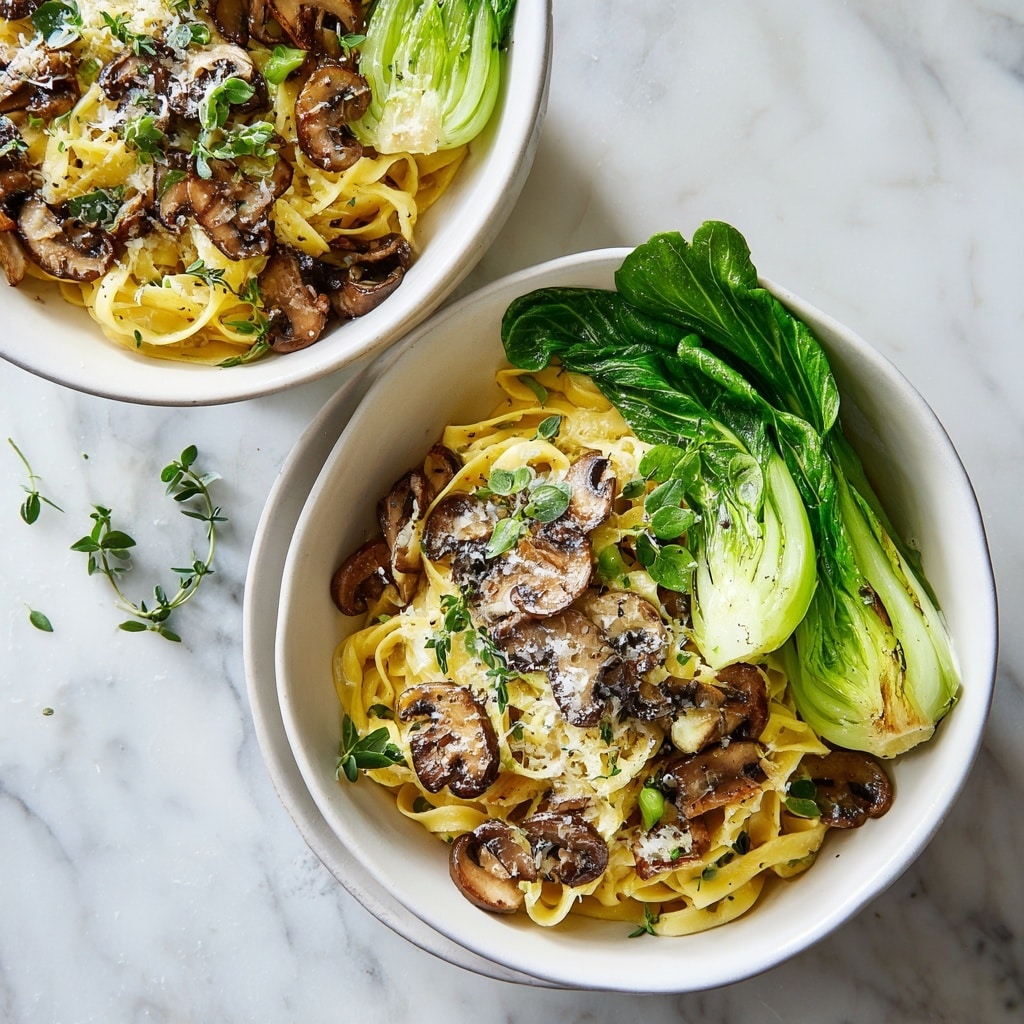 A deep white plate holds a serving of fettuccine pasta mixed with sautéed mushrooms and small chopped celery. The pasta is light golden with a slight gloss from the sauce. Dark brown mushroom pieces are scattered evenly throughout the nest of noodles, adding texture and earthiness. Small bits of crumbled light cheese and fresh green herb leaves decorate the top, creating a contrast of colors and freshness. A silver fork rests inside the pasta, with noodles slightly twirled around it. The plate sits on a rough wooden surface with a small bowl of grated cheese garnished with a green mint leaf beside it. photo taken with an iphone --ar 4:5 --v 7