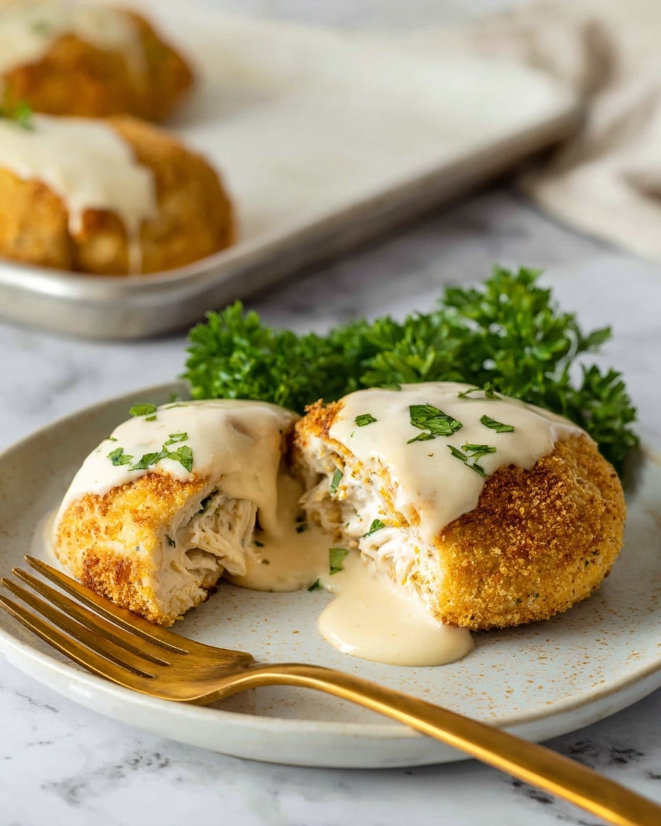 The image shows two round, golden brown breaded chicken patties on a white plate, one of which is cut open to reveal the moist white filling inside mixed with green herbs. Both patties are topped with a smooth, light cream-colored sauce that drapes over them. Beside the patties is a small bunch of fresh green parsley for garnish. A golden fork with a piece of the cut patty rests on the plate next to the food. The plate sits on a white marbled surface with a white baking tray holding another breaded patty blurred in the background. photo taken with an iphone --ar 4:5 --v 7