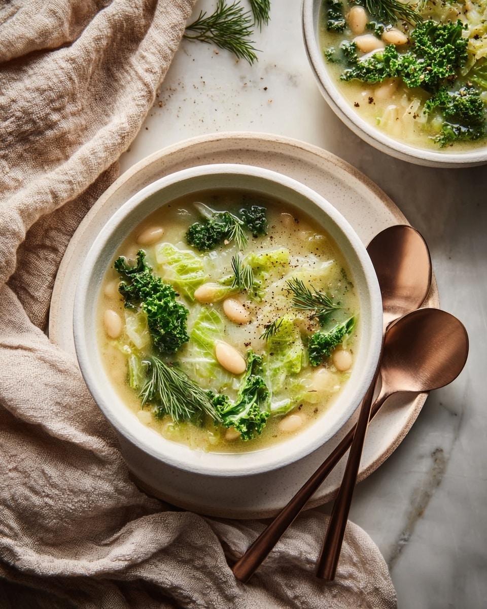 A white bowl filled with a light yellow creamy soup topped with bright green leafy cabbage pieces and white beans, garnished with small sprigs of fresh dill and a sprinkle of black pepper. The bowl sits on a white plate with two shiny copper spoons resting on the side. The setup is placed on a soft, beige, crumpled cloth that contrasts with the white marbled surface beneath. Another bowl of the same soup is partially visible in the background on the white marbled texture. photo taken with an iphone --ar 4:5 --v 7