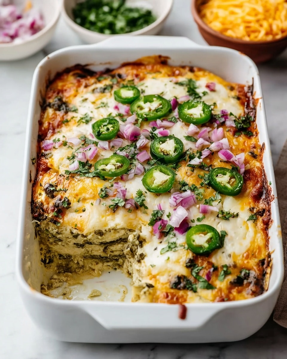 The dish is a baked casserole in a white rectangular dish with melted cheese on top, showing a mix of white and yellow colors. Underneath the cheese layer, a green mixture likely made from chopped herbs and vegetables is visible, along with some bits of cooked chicken or another protein. The top is garnished with four slices of green jalapeño peppers, small cubes of purple onion, and a few fresh cilantro leaves scattered around. The edges of the casserole have a slightly crispy, browned look. The dish is placed on a white marbled surface. photo taken with an iphone --ar 4:5 --v 7