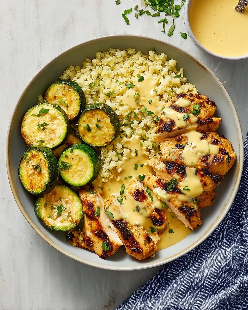 The dish shows a white bowl filled with three main parts: on one side, light yellow cauliflower rice with small bits, slightly fluffy and garnished with green herbs; next to it, round slices of grilled zucchini with golden brown edges and sprinkled with chopped herbs; and on the opposite side, four pieces of grilled chicken breast with dark grill marks, covered with a creamy light yellow sauce dotted with tiny green herbs. The bowl sits on a white marbled surface, with a blue and white striped cloth nearby and a small bowl of the same sauce partially visible at the top right. Photo taken with an iphone --ar 4:5 --v 7