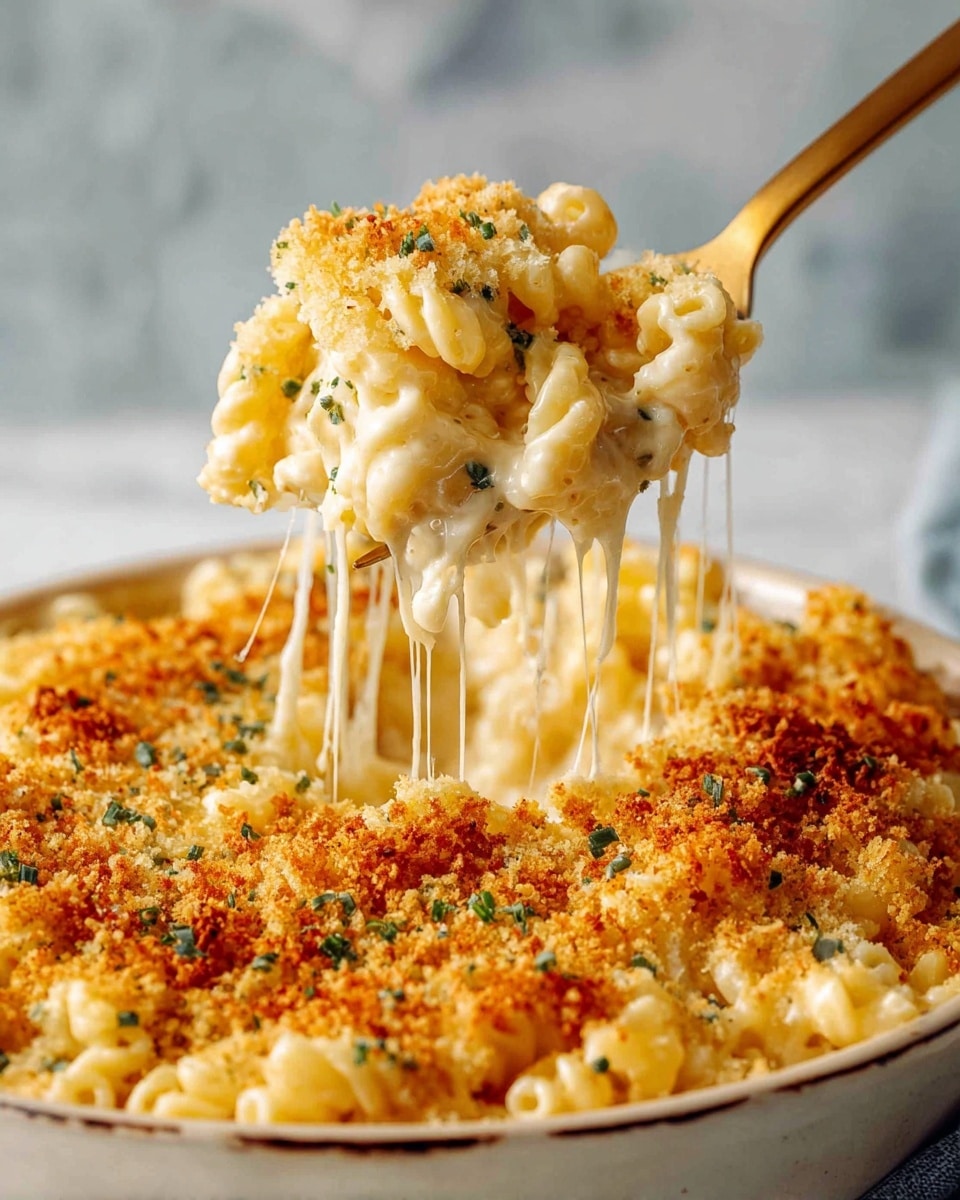 A close-up of creamy macaroni and cheese being lifted with a gold-colored fork, showing a thick layer of melted cheese stretching between the spoonful and the dish underneath. The dish has two main layers: the bottom layer is soft, spiraled pasta coated with smooth, pale yellow cheese sauce, and the top layer is a golden brown, crispy breadcrumb crust scattered with small green herb pieces. The macaroni dish is in a white dish with a slightly visible rim, placed on a white marbled surface. photo taken with an iphone --ar 4:5 --v 7