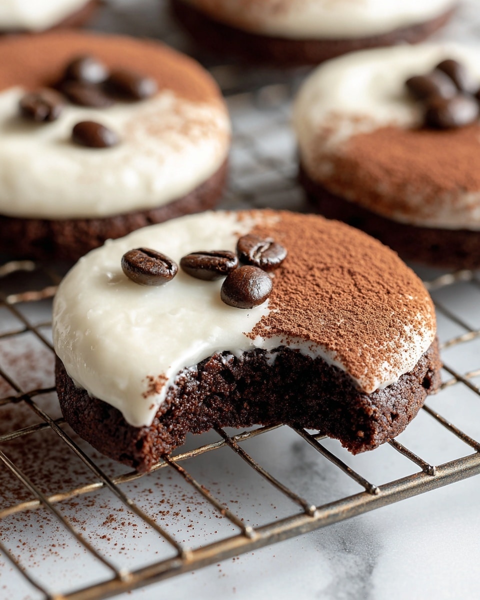 The image shows a close-up of a chocolate cookie with one bite taken from its side, placed on a metal cooling rack over a white marbled surface. Each cookie has two main layers: the bottom dark brown, slightly crumbly chocolate cookie base, and a smooth, creamy white icing layer covering about half the top. Over the white icing, there are three dark brown coffee beans and a light brown dusting of cocoa powder covering the other half of the icing, creating a two-tone effect. In the background, there are more similar cookies, all showing the same texture and topping details. Photo taken with an iphone --ar 4:5 --v 7