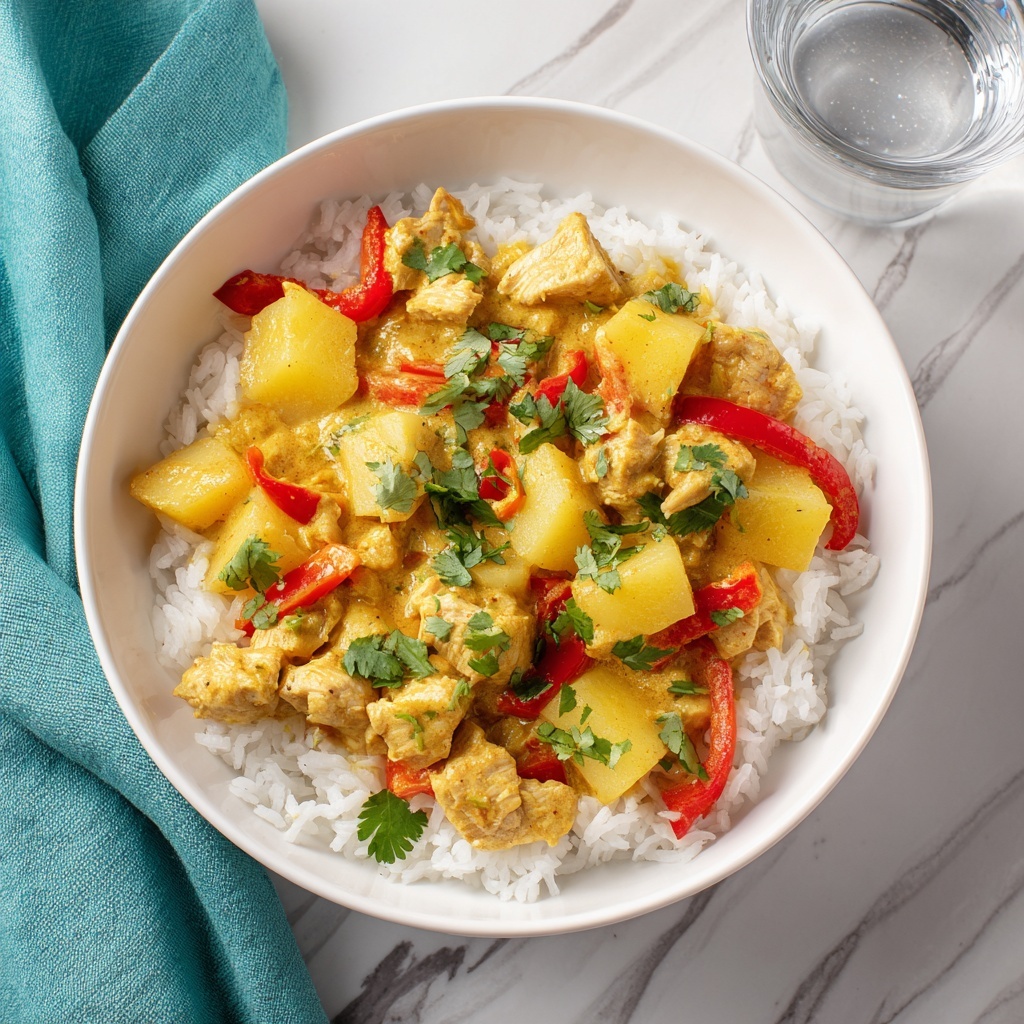 A white pan filled with a creamy yellow curry with chunks of chicken and pieces of orange-yellow bell pepper mixed in, topped with bright red slices of chili and fresh green cilantro leaves. The curry looks thick and rich, with a slightly oily surface and a textured sauce clinging to the meat and vegetables. In the background, there is a mango and fresh cilantro on a white marbled surface, adding a natural touch to the scene. photo taken with an iphone --ar 4:5 --v 7
