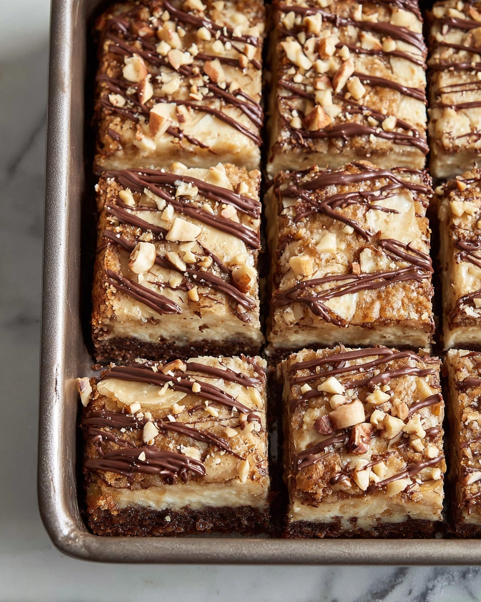 A close-up of a slice of dessert held by a woman's hand with a wooden handle spatula above a pan filled with more of the dessert. The slice has a flaky golden brown crust base, a thick middle layer of dark chocolate with nut pieces, and a top layer covered in smooth caramel or light brown cream with toasted round nuts and a drizzle of melted chocolate. The background shows a white marbled texture and two blurred glasses of milk. photo taken with an iphone --ar 4:5 --v 7