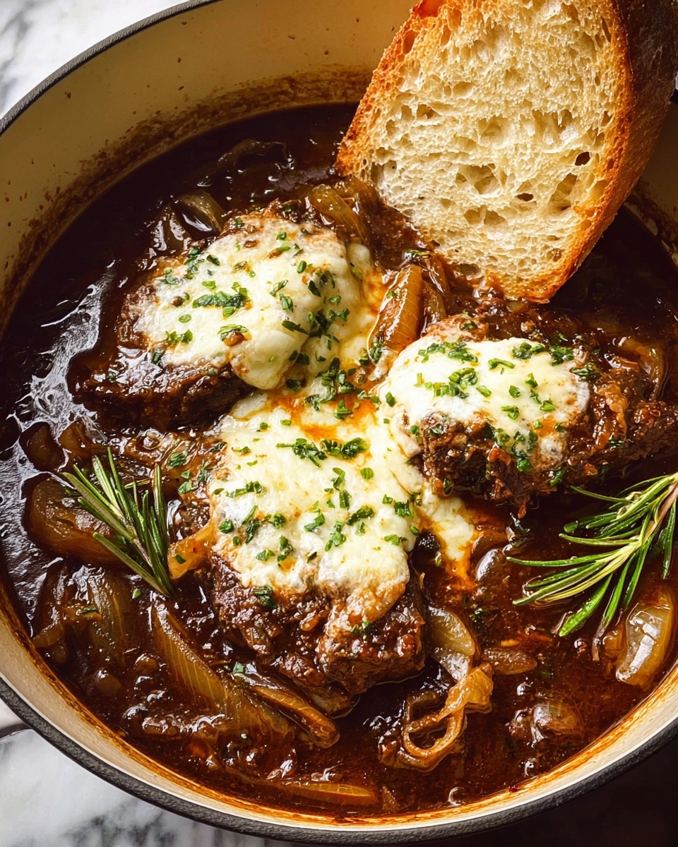 A close-up of a black pot filled with rich, dark brown shredded beef stew topped with melted white cheese scattered unevenly across the surface. Small green herb sprigs and finely chopped herbs are sprinkled over the melted cheese and beef, adding a fresh touch. A wooden spoon rests inside the pot, lifting some of the cheesy beef out, showing the tender texture of the shredded meat soaking in a thick, glossy sauce. The pot sits on a white marbled surface with some toasted bread pieces blurred in the background. photo taken with an iphone --ar 4:5 --v 7